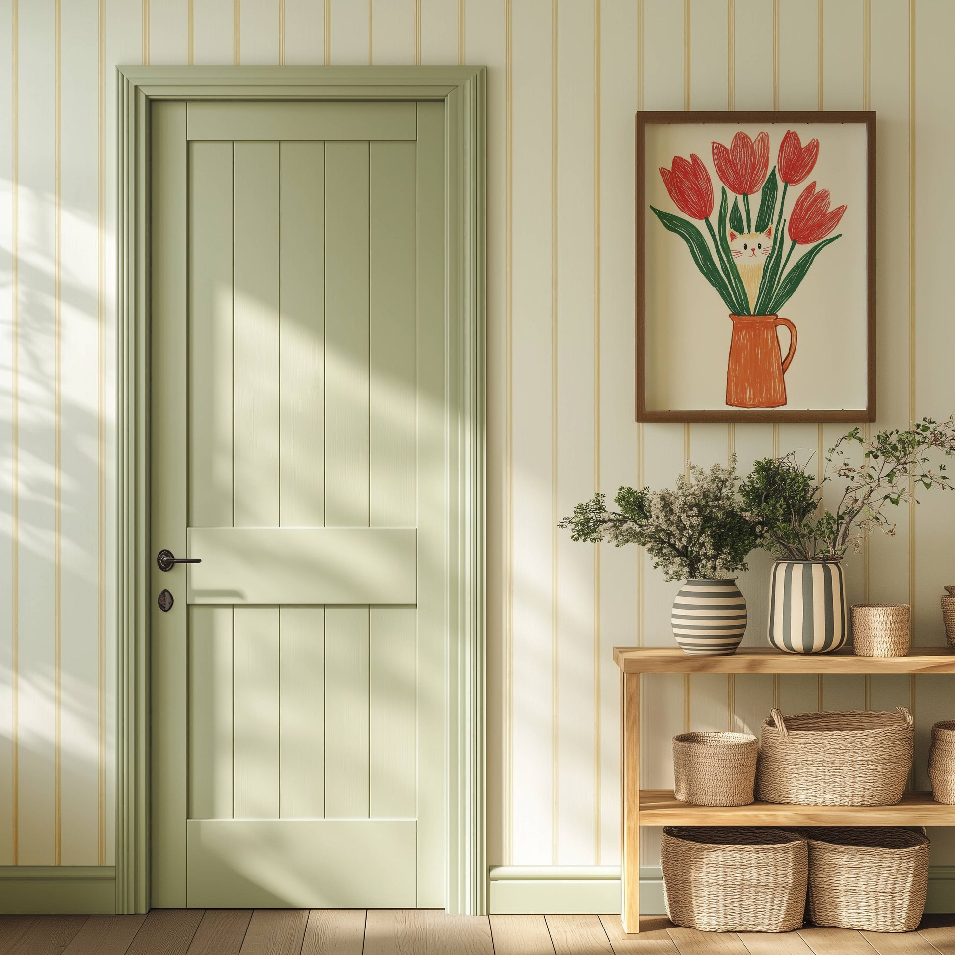 Illustration chat et tulipes rouges | Affiche chat rigolo | Idée cadeau amoureux des chats | Art mural naïf et coloré | Poster cottagecore