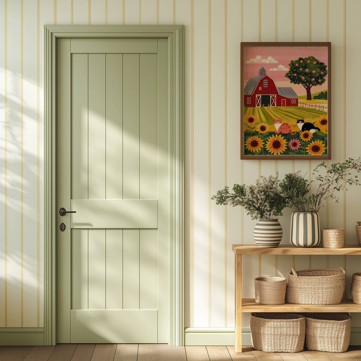 Illustration chats campagne tournesols | illustration ferme grange rouge | décor mural champêtre coloré | cadeau amoureux des chats