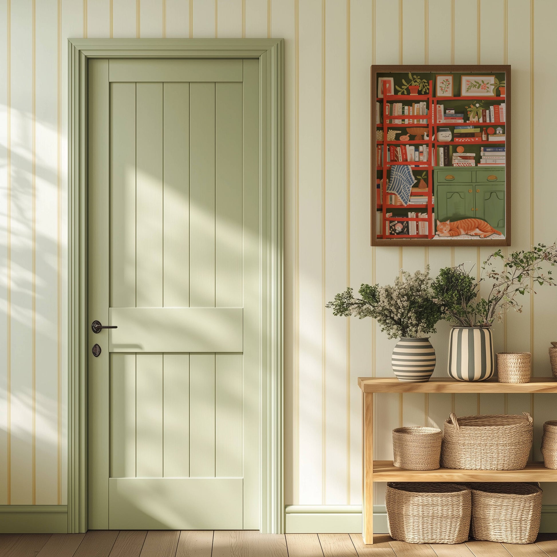 Illustration chat roux bibliothèque | affiche déco lecture cosy | poster cottagecore chat roux | cadeau amoureux des chats et des livres