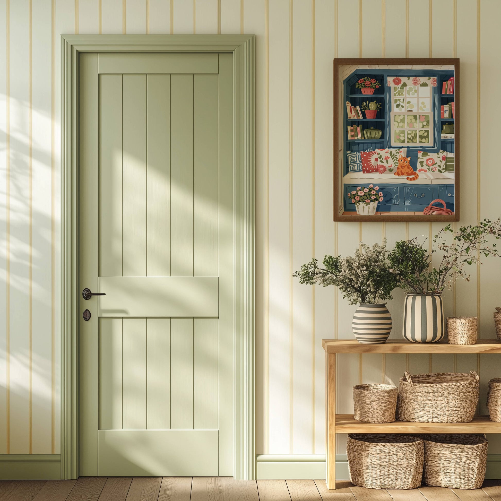 Illustration chat roux fenêtre bleue | Affiche cottagecore chat orange | cadeau amoureux des chats | art mural floral bibliothèque