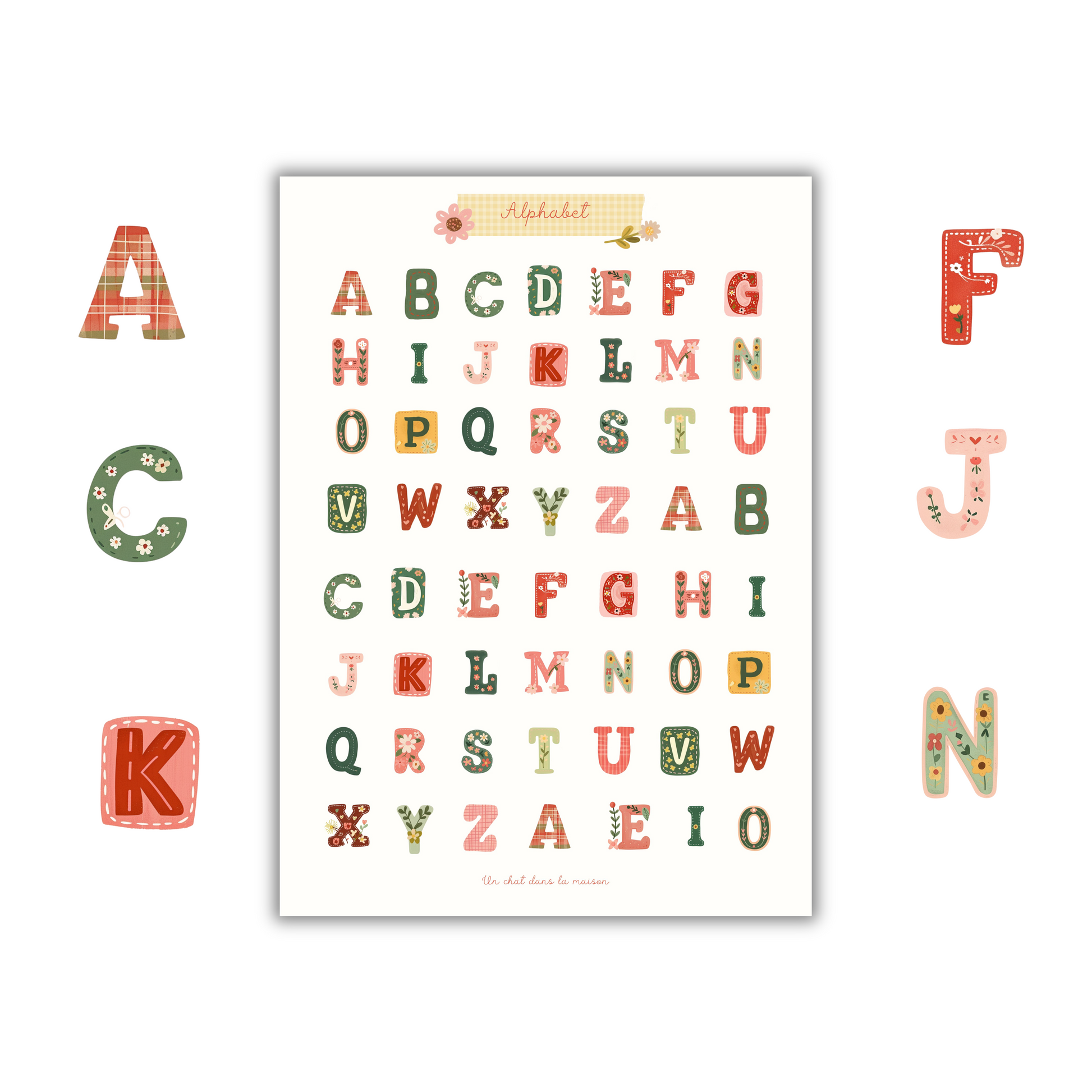 Planche stickers alphabet patchwork A5 - collection "Été tendre" - lettres décoratives cottagecore pour journal