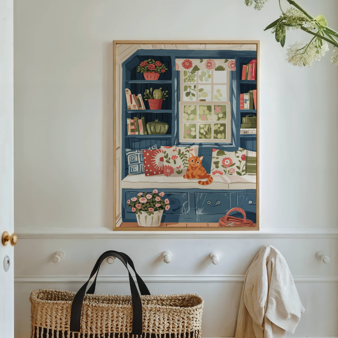 Illustration chat roux fenêtre bleue | Affiche cottagecore chat orange | cadeau amoureux des chats | art mural floral bibliothèque