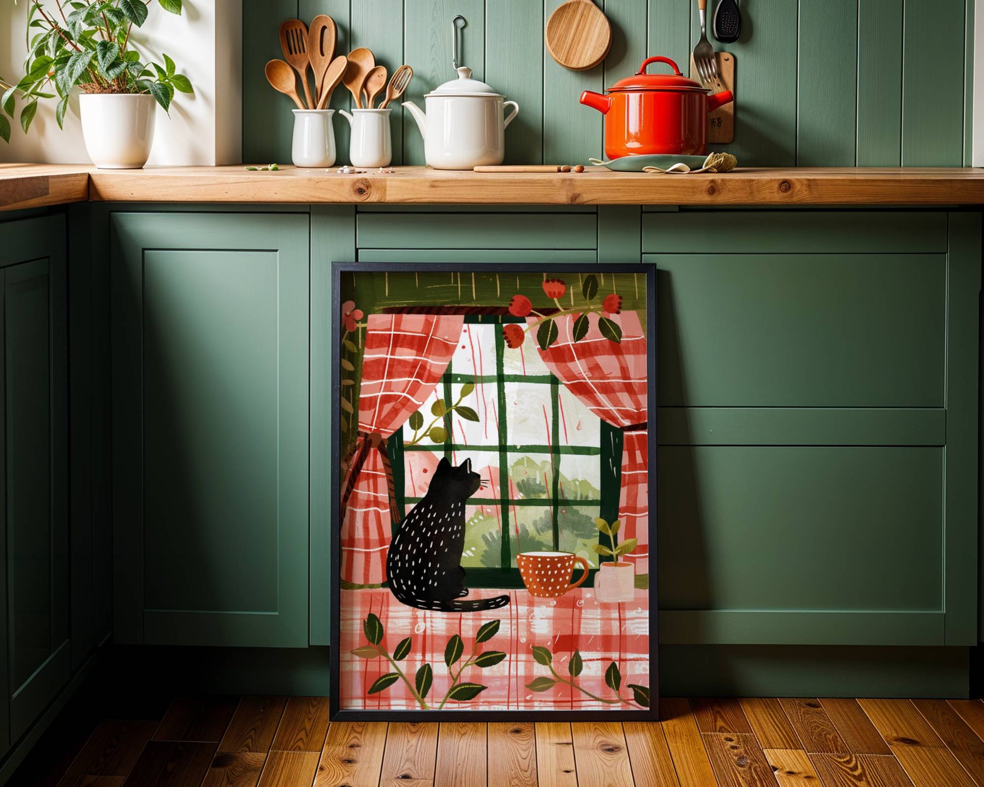 Affiche chat noir - Illustration cottagecore - idée cadeau amoureux des chats