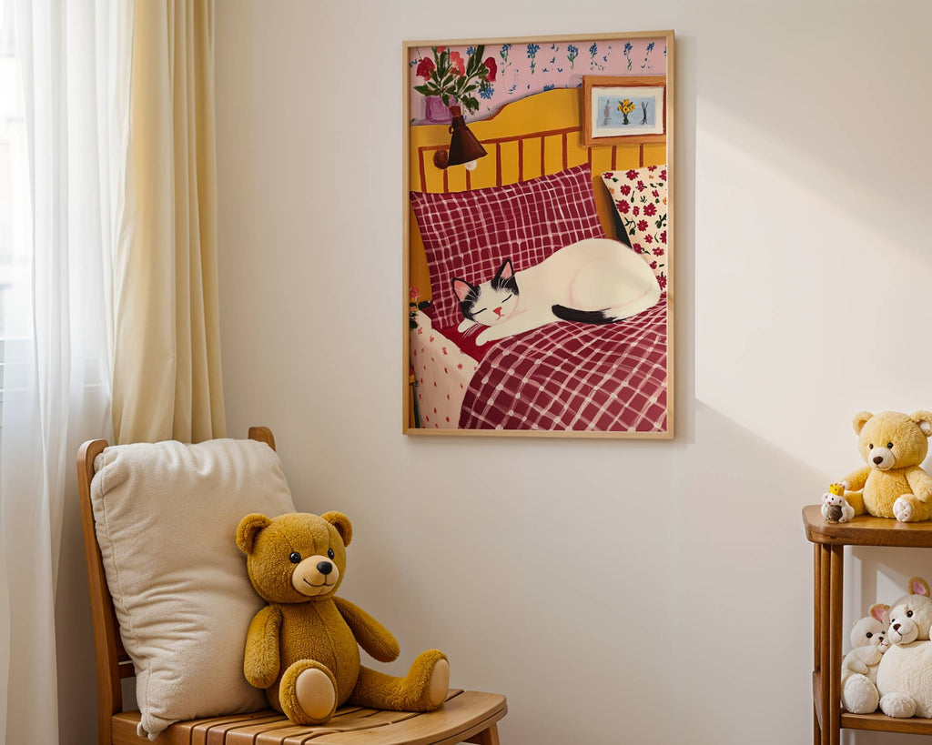 Illustration Chat endormi - Illustration chat noir et blanc dans son lit - Idée cadeau amoureux des chats