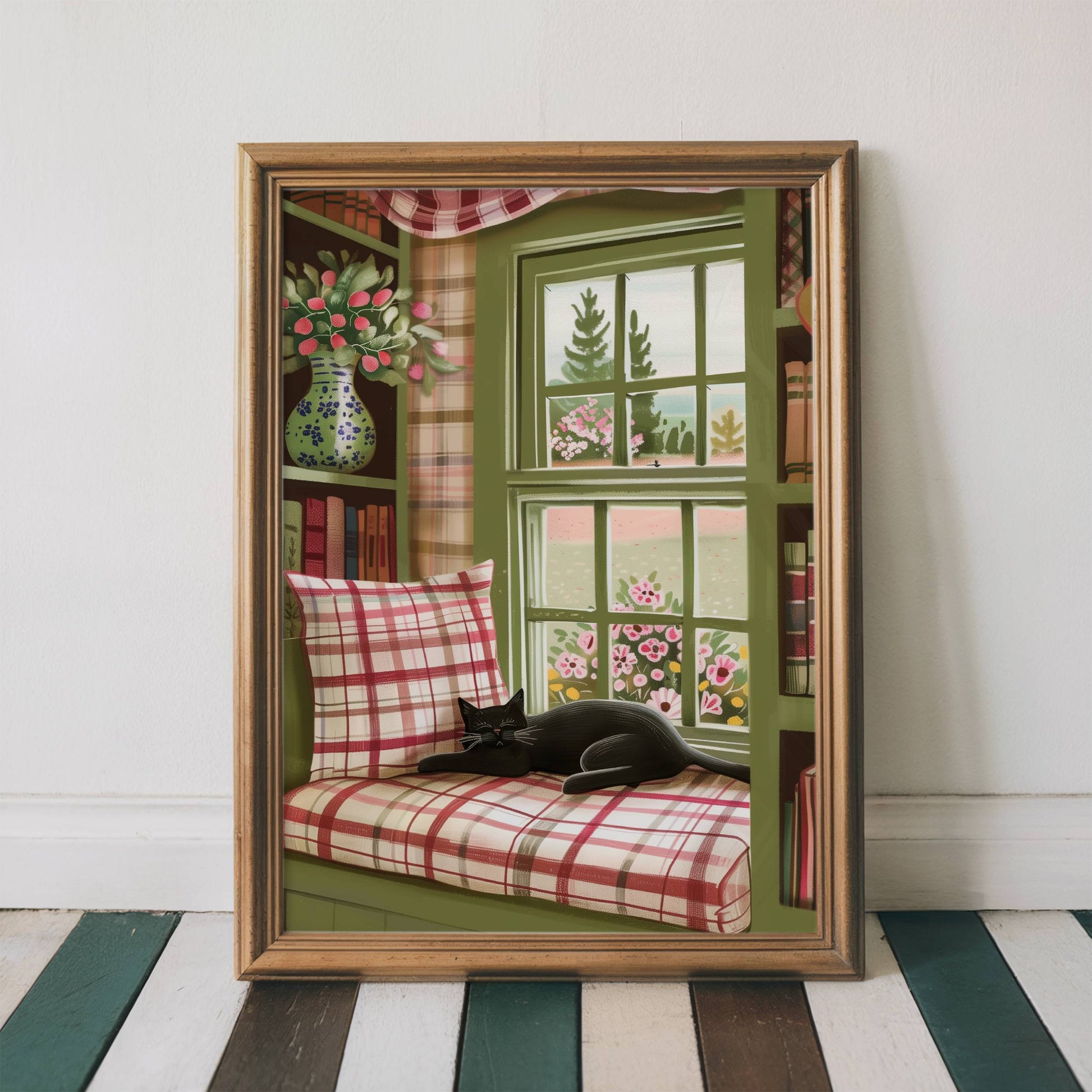 Illustration chat noir | affiche déco bibliothèque cosy | poster cottagecore chat sieste | cadeau amoureux des chats