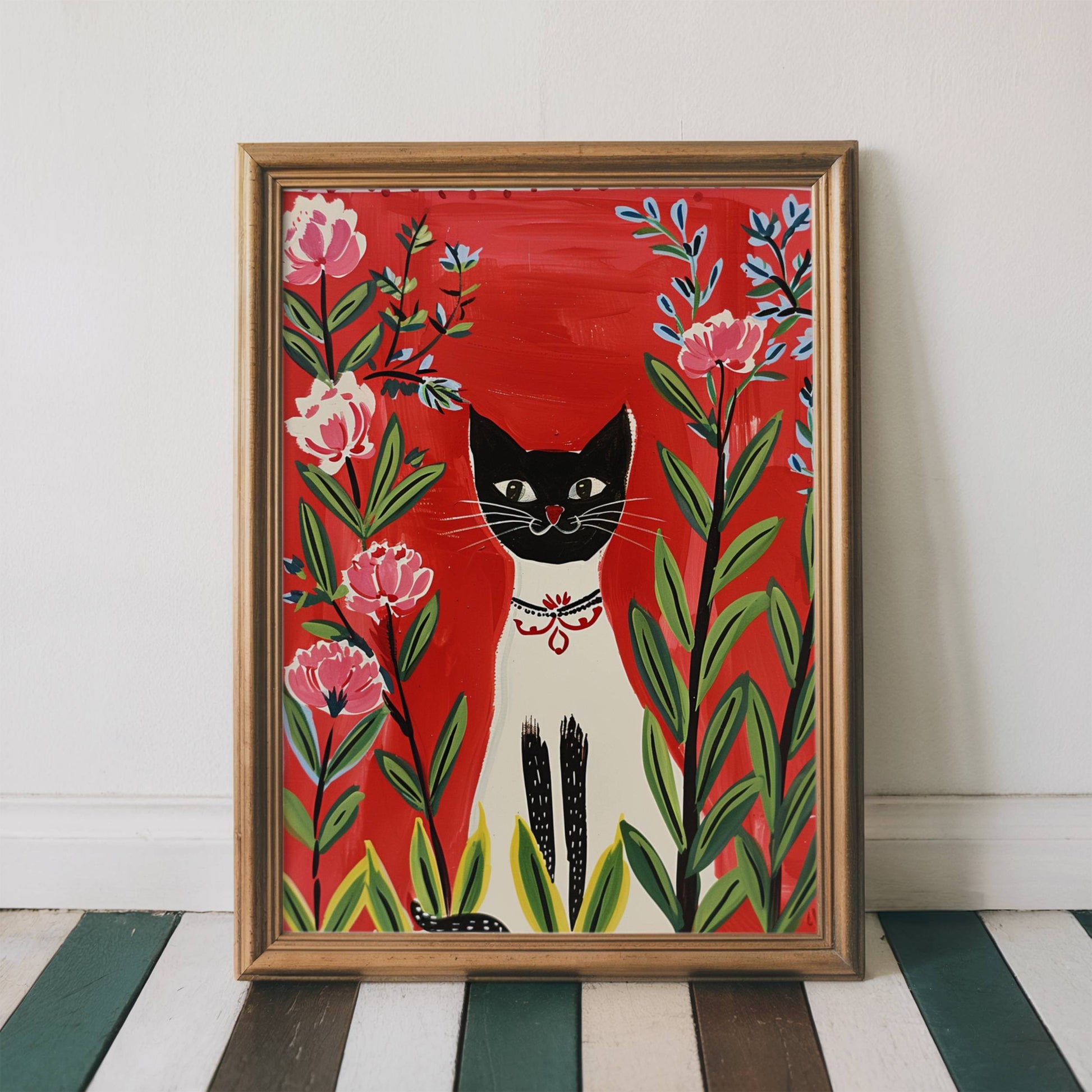 Illustration Chat Siamois et fleurs roses - Idée cadeau amoureux des siamois