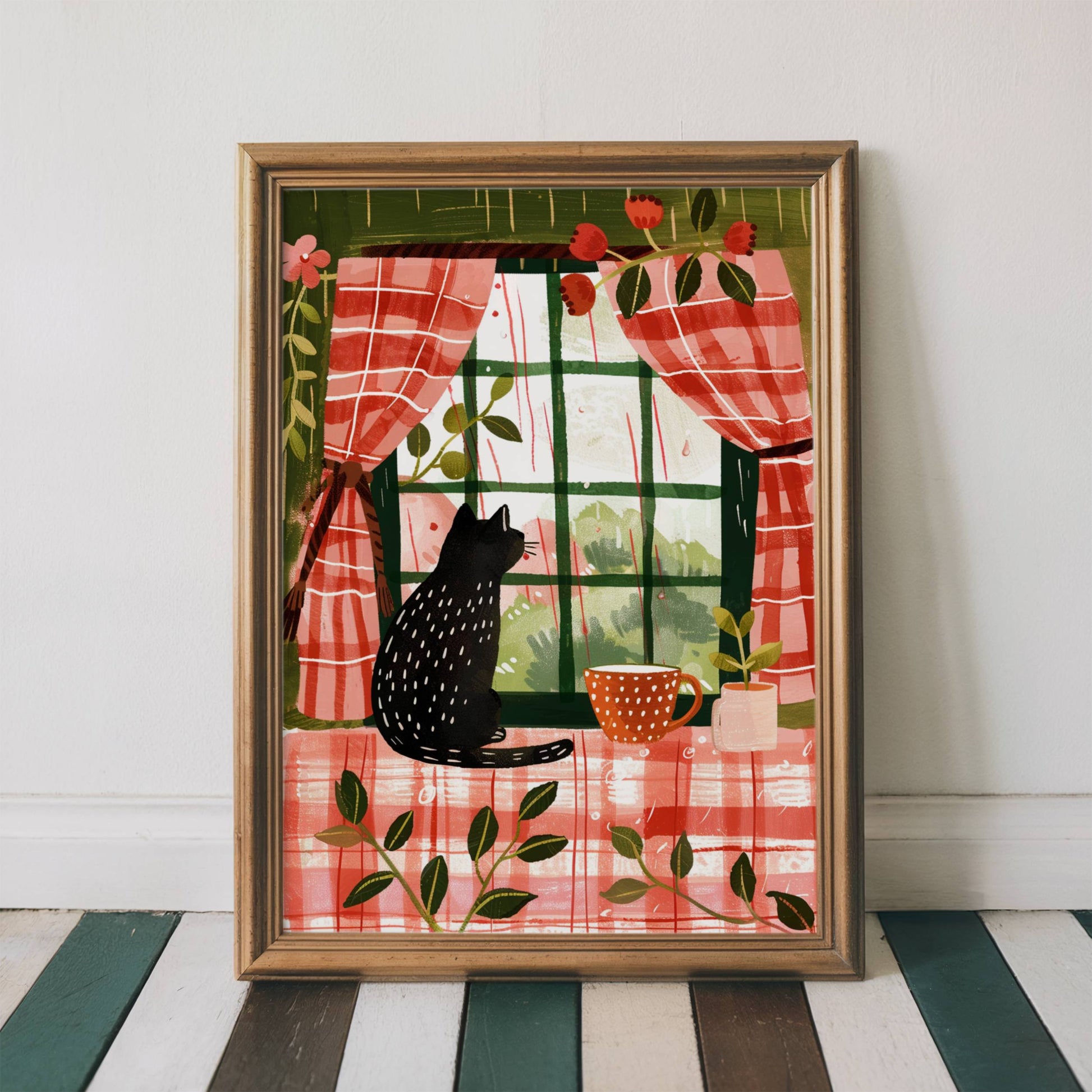 Affiche chat noir - Illustration cottagecore - idée cadeau amoureux des chats