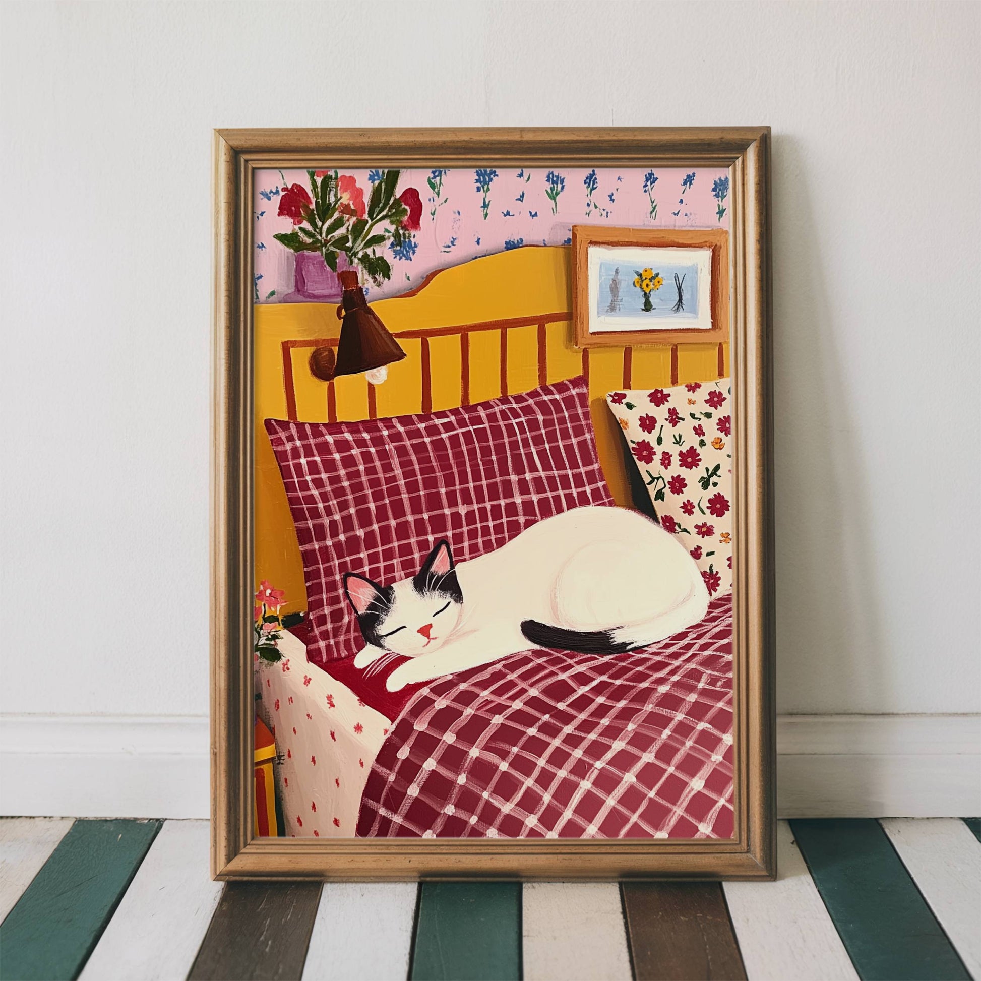 Illustration Chat endormi - Illustration chat noir et blanc dans son lit - Idée cadeau amoureux des chats