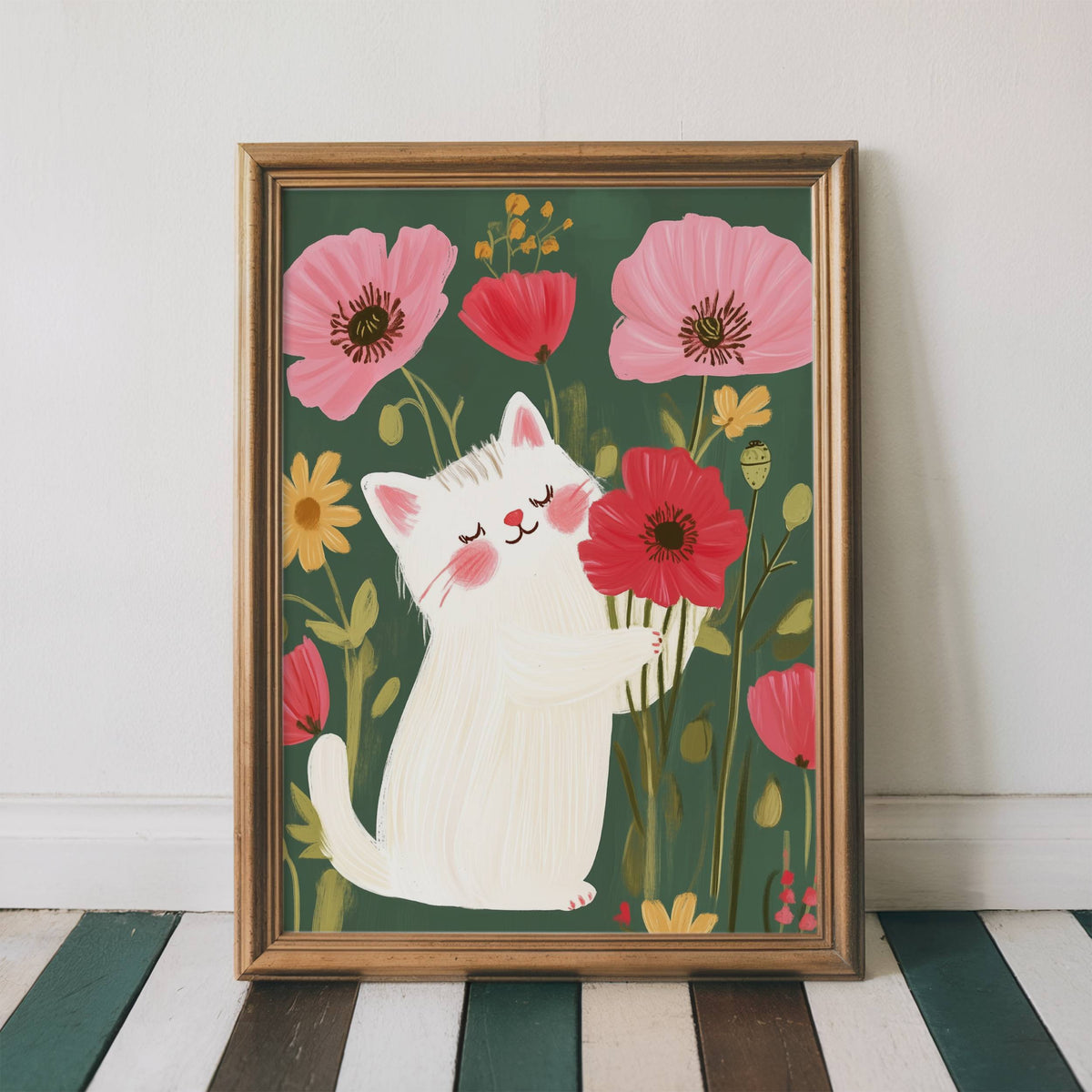 Illustration chat blanc bouquet coquelicots – déco murale chaleureuse cottagecore - cadeau amoureux des chats