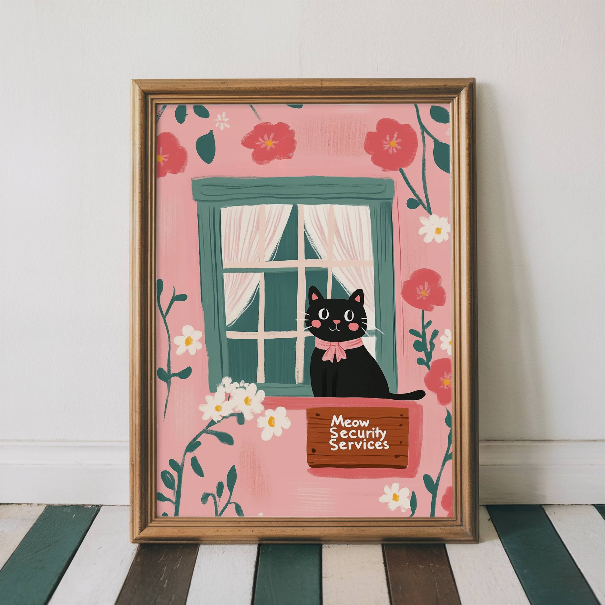 Illustration chat noir fenêtre cottage – Chat avec nœud rose et pancarte – déco murale chaleureuse, idée cadeau amoureux des chats