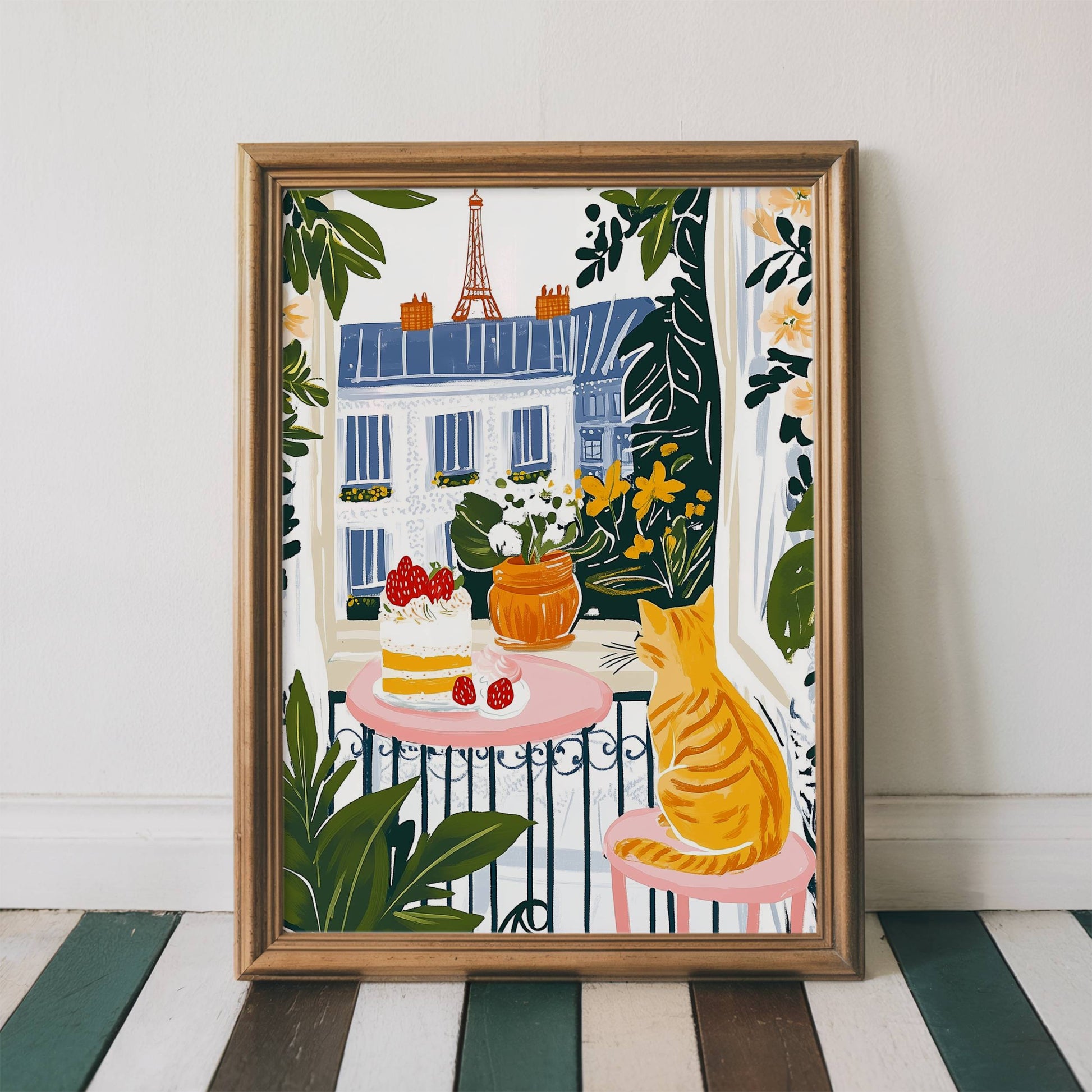 Affiche chat roux à Paris - Illustration chat balcon Tour Eiffel - idée cadeau amoureux des chats - illustration voyage France