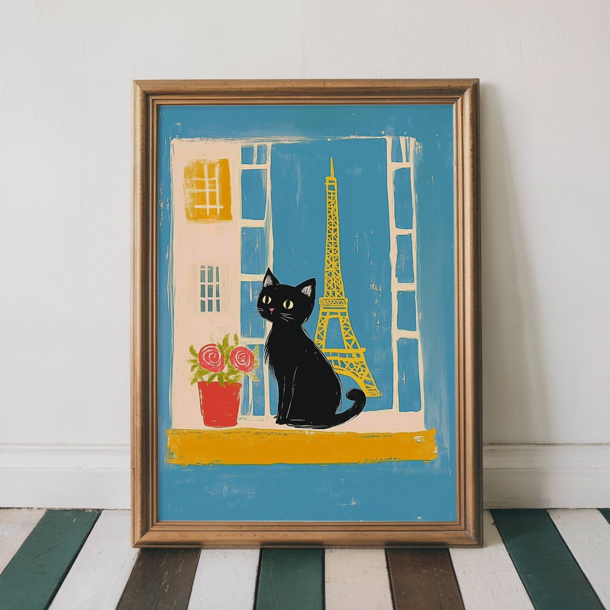 Illustration chat noir Paris – Chat noir Tour Eiffel – déco murale chaleureuse cottagecore, cadeau amoureux des chats