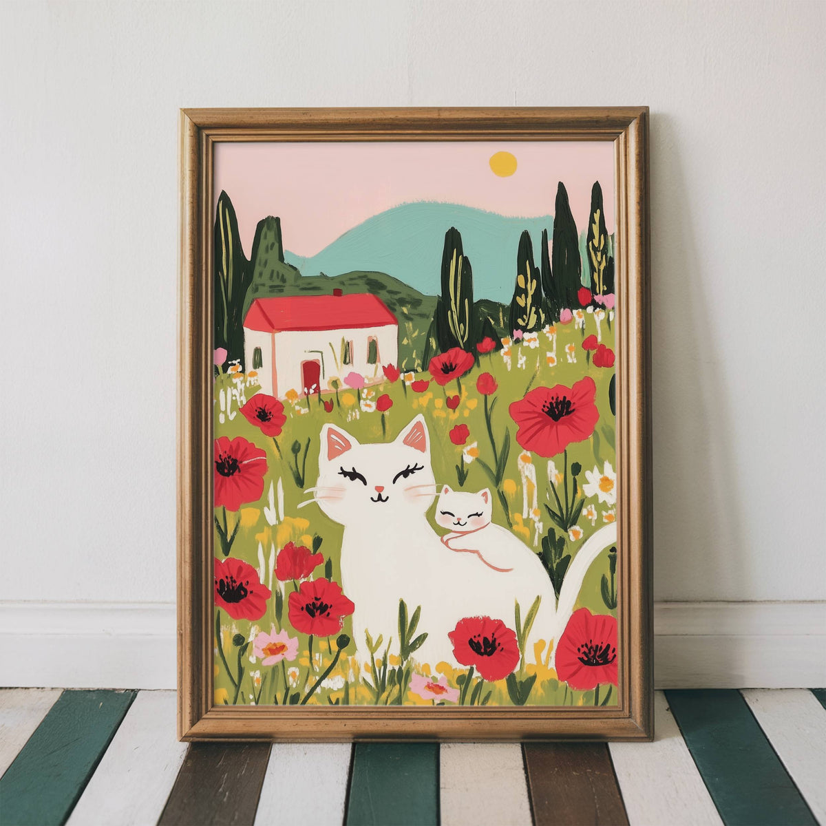 Illustration duo chats blancs prairie coquelicots – Chats câlins cottagecore – cadeau amoureux des chats
