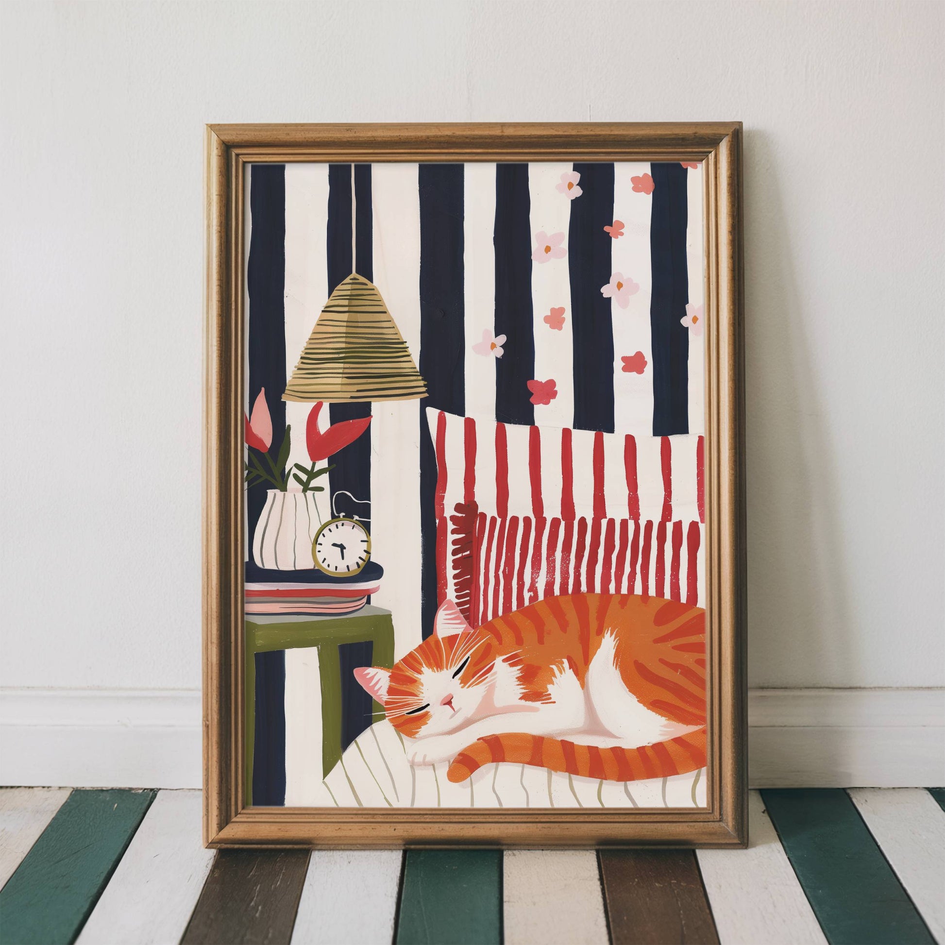 Illustration chat roux sieste | affiche chambre cosy rétro | cadeau amoureux des chats | décoration intérieure cottagecore