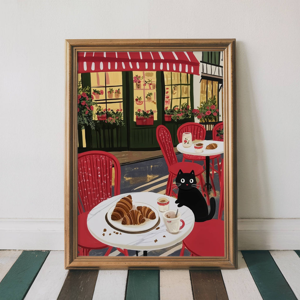 Affiche Chat noir café Paris - Illustration terrasse Parisienne croissants - Idée cadeau Amoureux des Chats