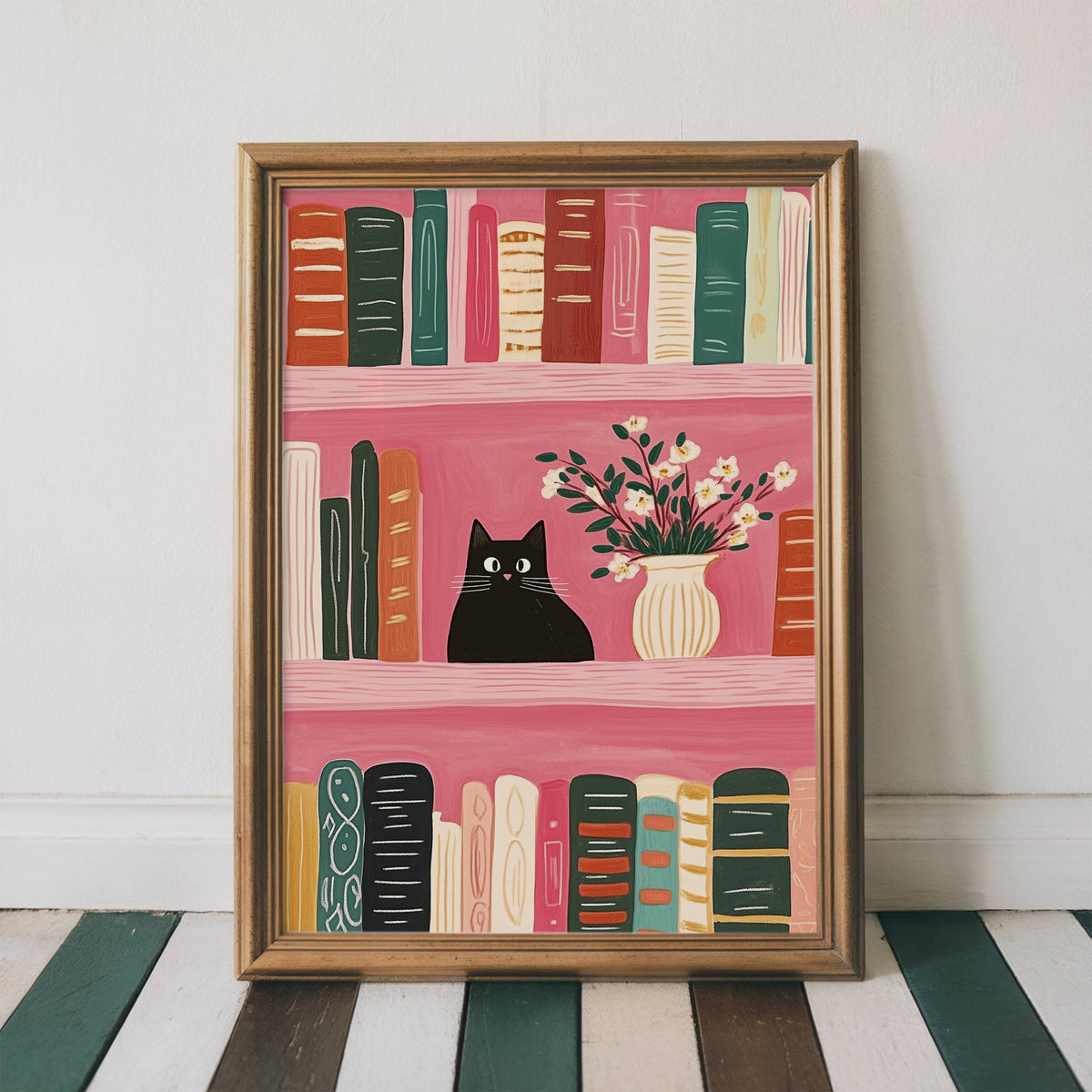 Illustration chat noir bibliothèque rose – Chat parmi les livres et fleurs – déco murale  cottagecore, idée cadeau amoureux des chats
