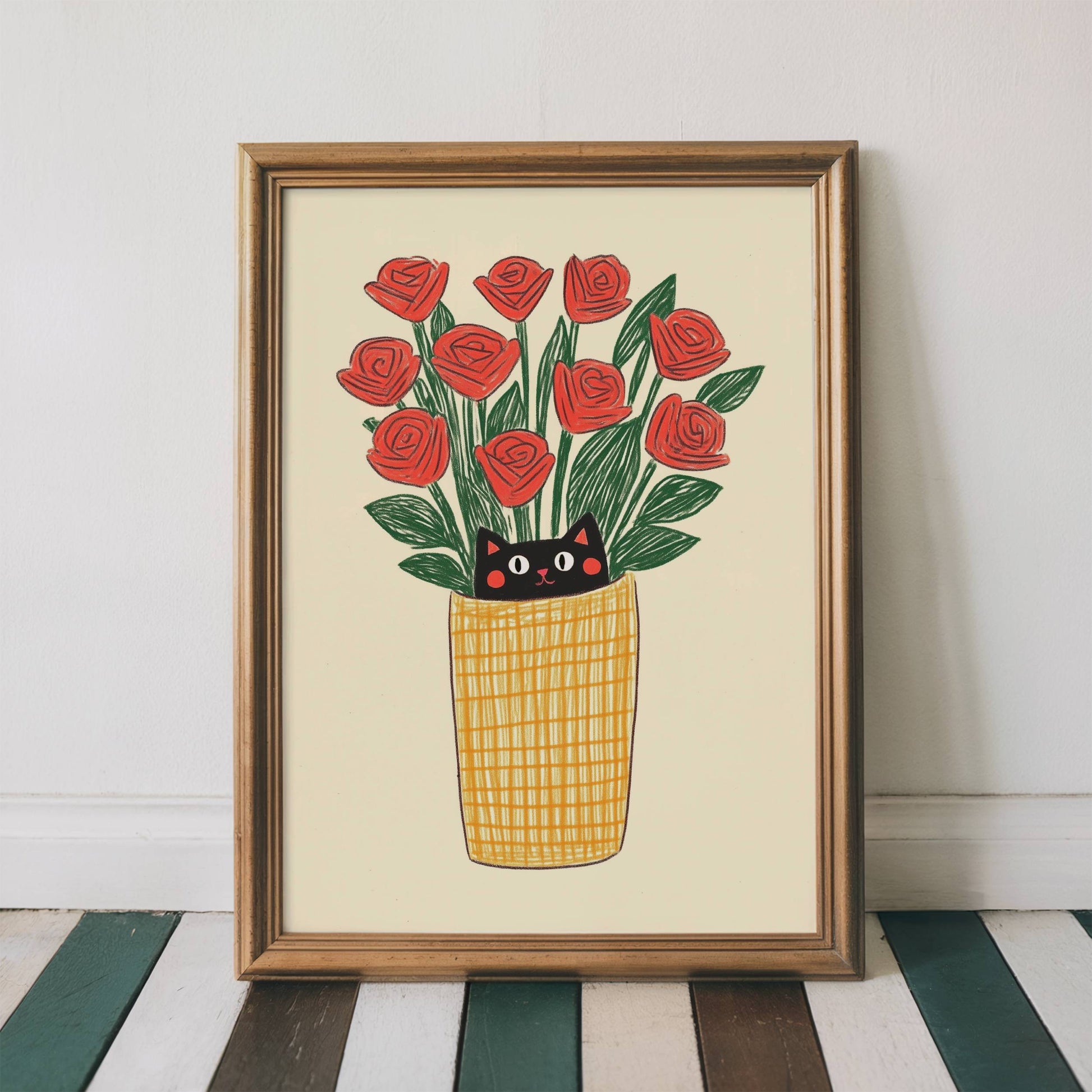 Illustration chat noir roses rouges | affiche art mural naïf | cadeau amoureux des chats | déco cottagecore fleurs