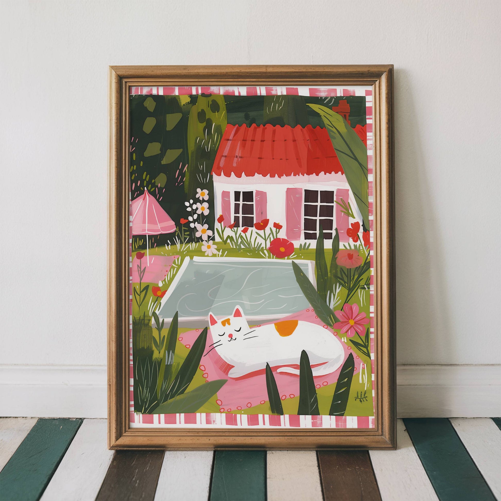 Illustration chat blanc piscine jardin – Chat endormi cottagecore – déco murale chaleureuse été, idée cadeau amoureux des chats blancs