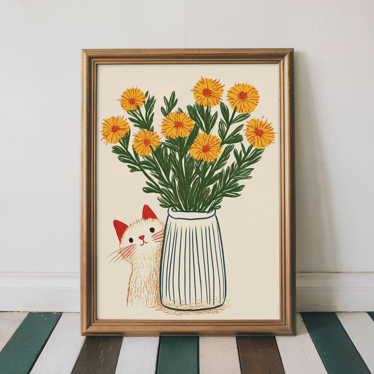 Illustration chat blanc fleurs jaunes | poster art floral printanier | cadeau amoureux des chats | déco murale cottagecore