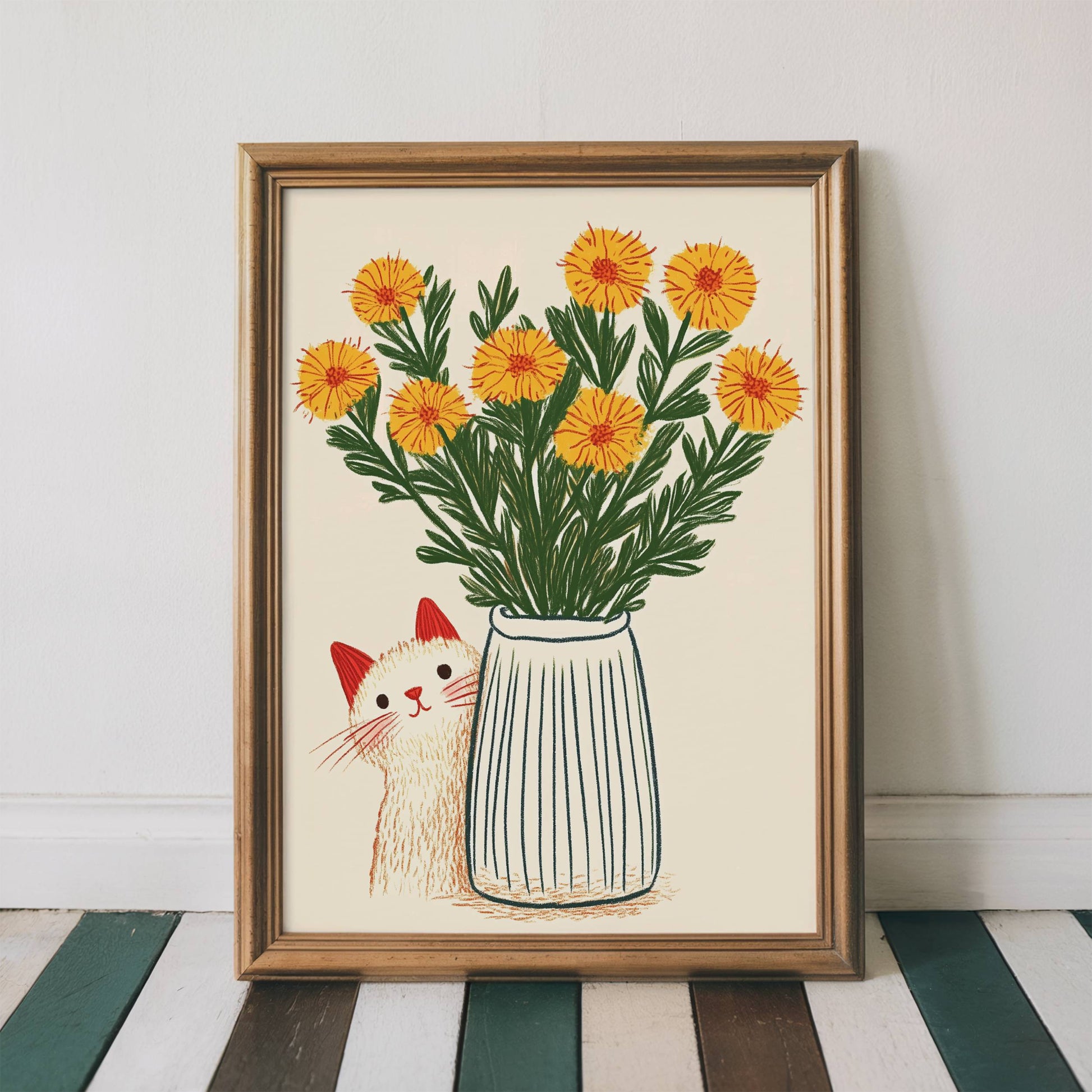 Illustration chat blanc fleurs jaunes | poster art floral printanier | cadeau amoureux des chats | déco murale cottagecore