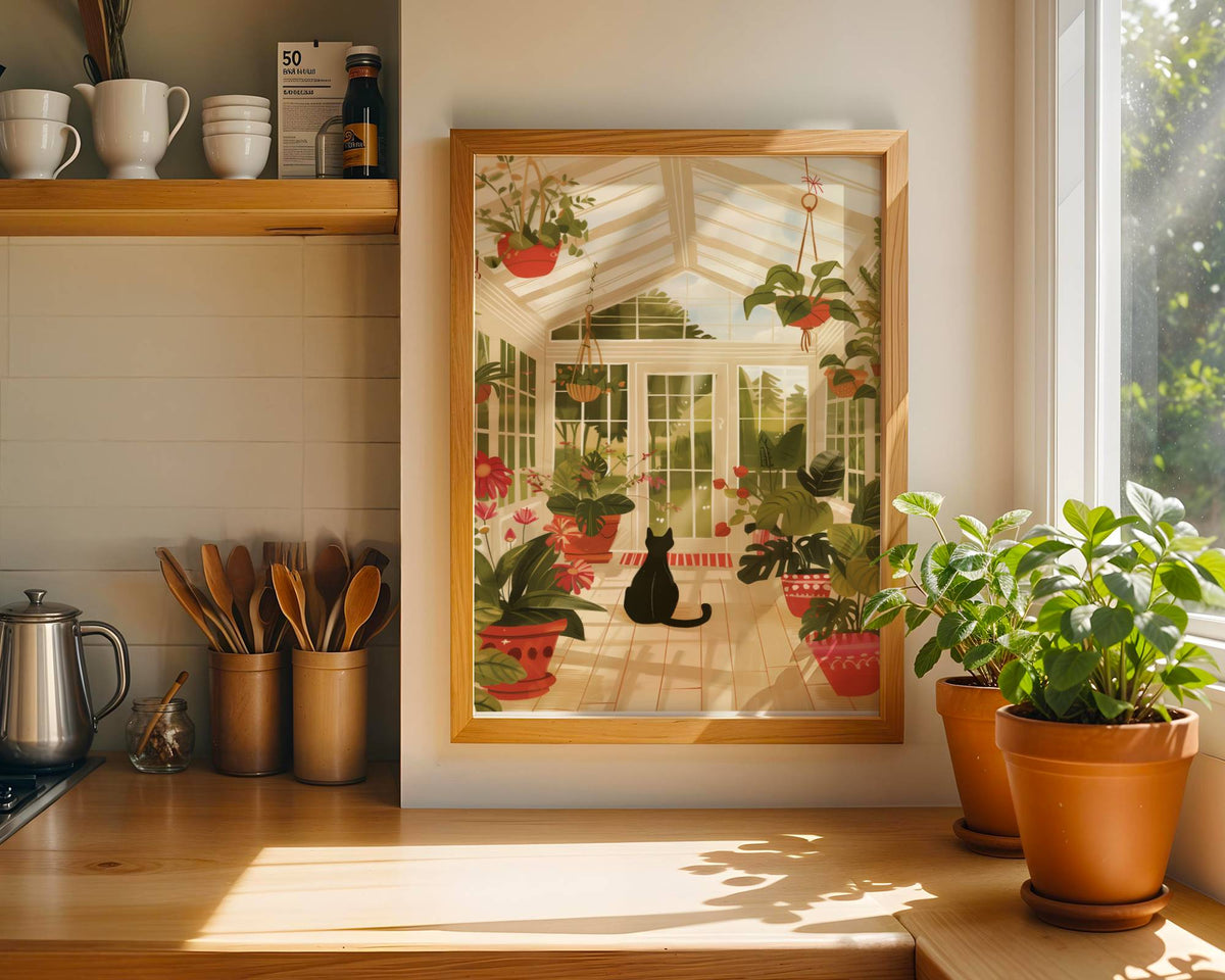 Illustration chat noir serre | affiche jardin d'hiver ensoleillé | poster cottagecore chat de dos | cadeau amoureux des chats