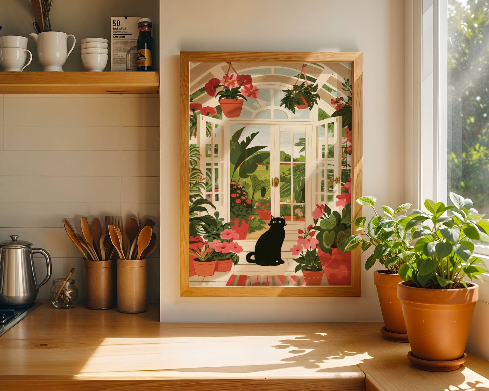 Illustration chat noir véranda | affiche jardin d'hiver plantes | cadeau amoureux des chats | déco lumineuse verrière
