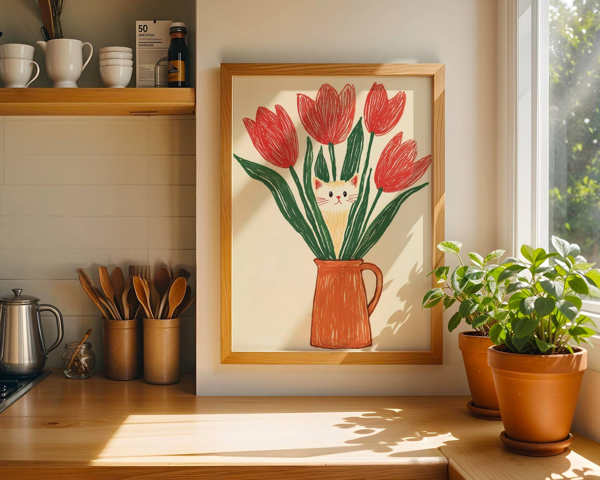 Illustration chat et tulipes rouges | Affiche chat rigolo | Idée cadeau amoureux des chats | Art mural naïf et coloré | Poster cottagecore