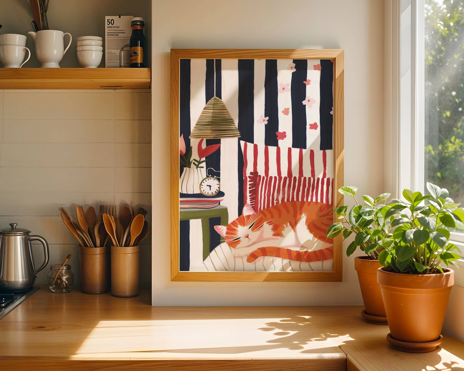 Illustration chat roux sieste | affiche chambre cosy rétro | cadeau amoureux des chats | décoration intérieure cottagecore