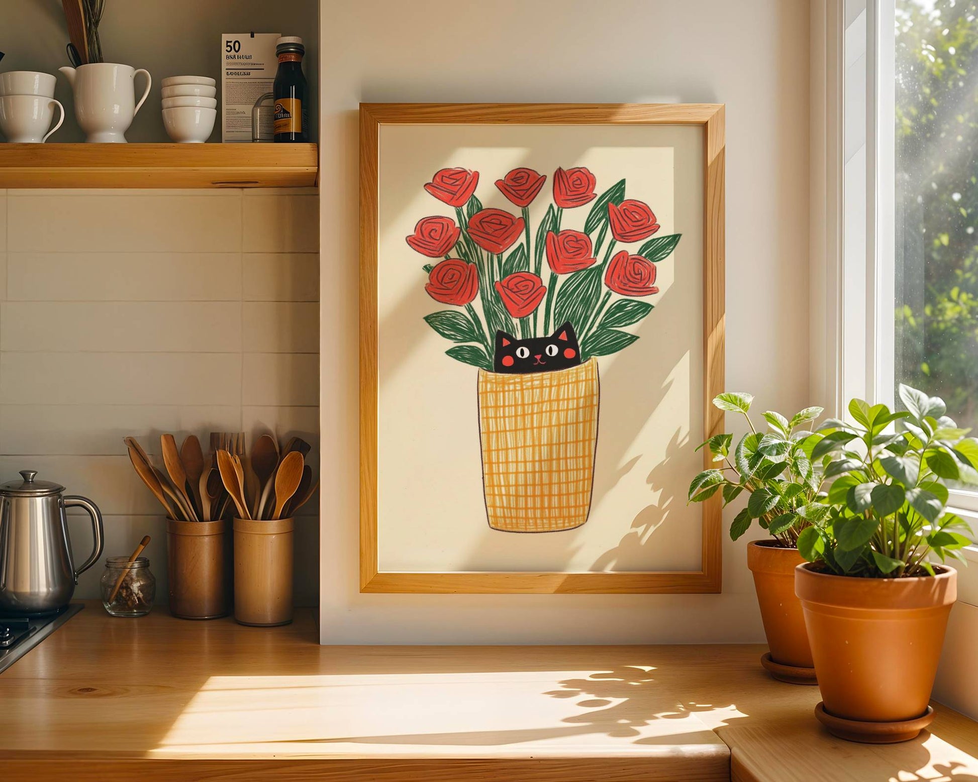 Illustration chat noir roses rouges | affiche art mural naïf | cadeau amoureux des chats | déco cottagecore fleurs