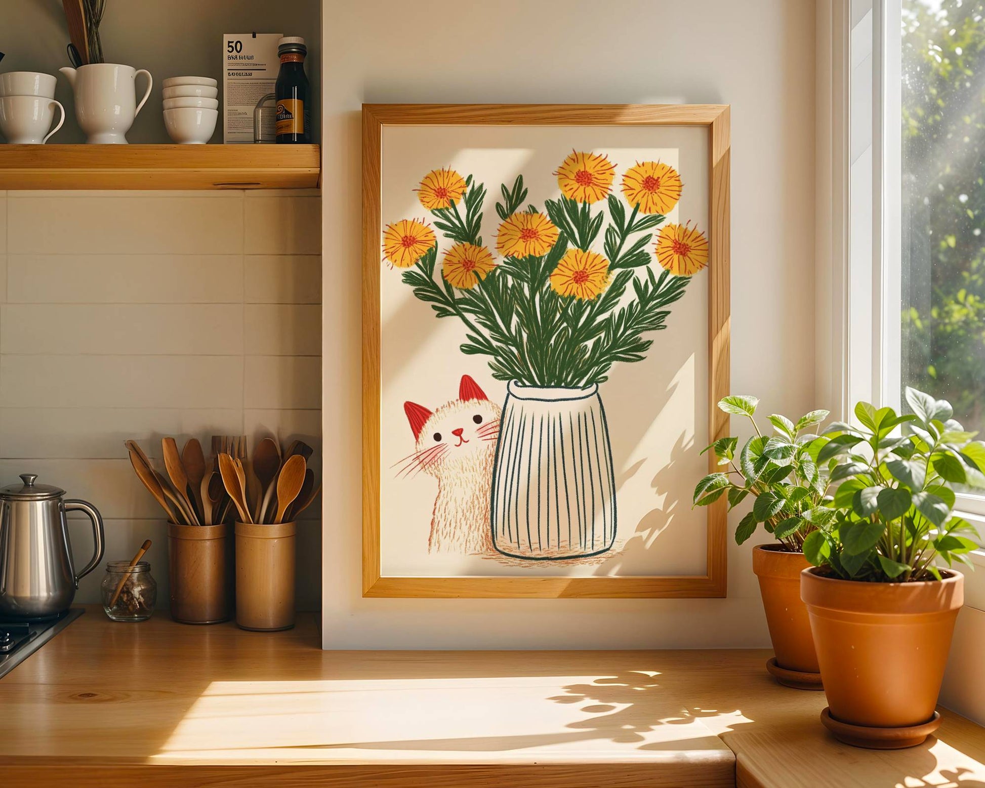 Illustration chat blanc fleurs jaunes | poster art floral printanier | cadeau amoureux des chats | déco murale cottagecore