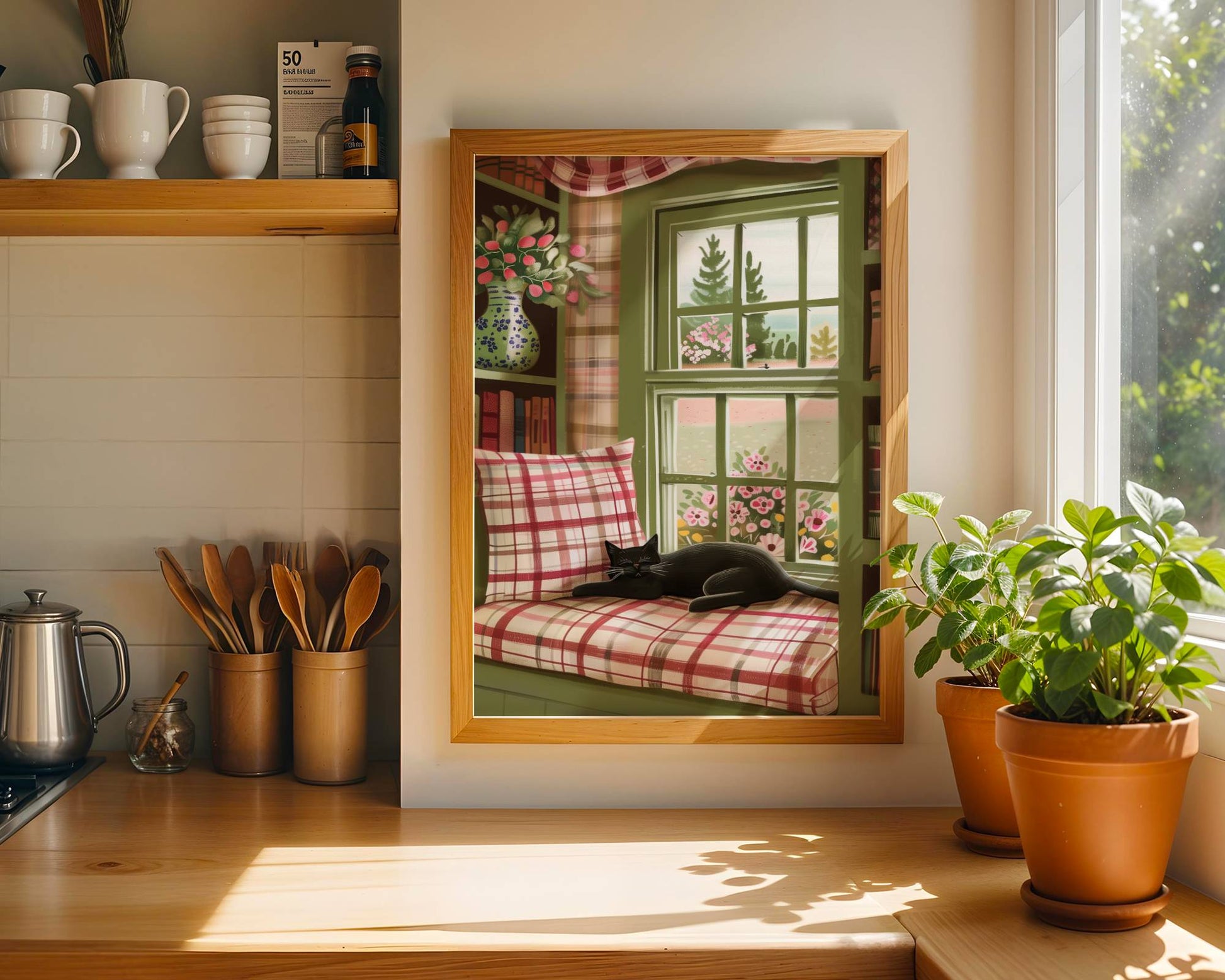 Illustration chat noir | affiche déco bibliothèque cosy | poster cottagecore chat sieste | cadeau amoureux des chats