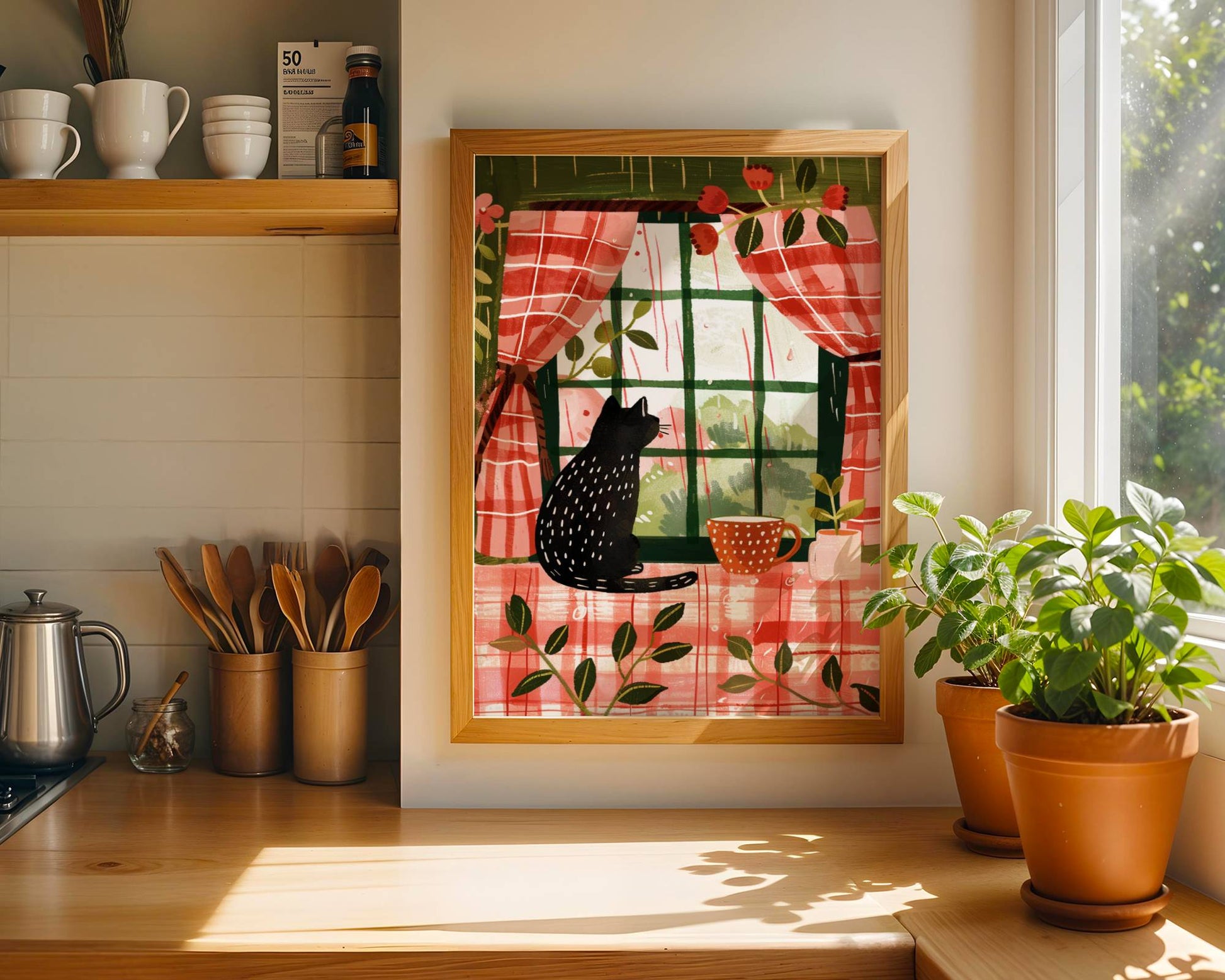 Affiche chat noir - Illustration cottagecore - idée cadeau amoureux des chats