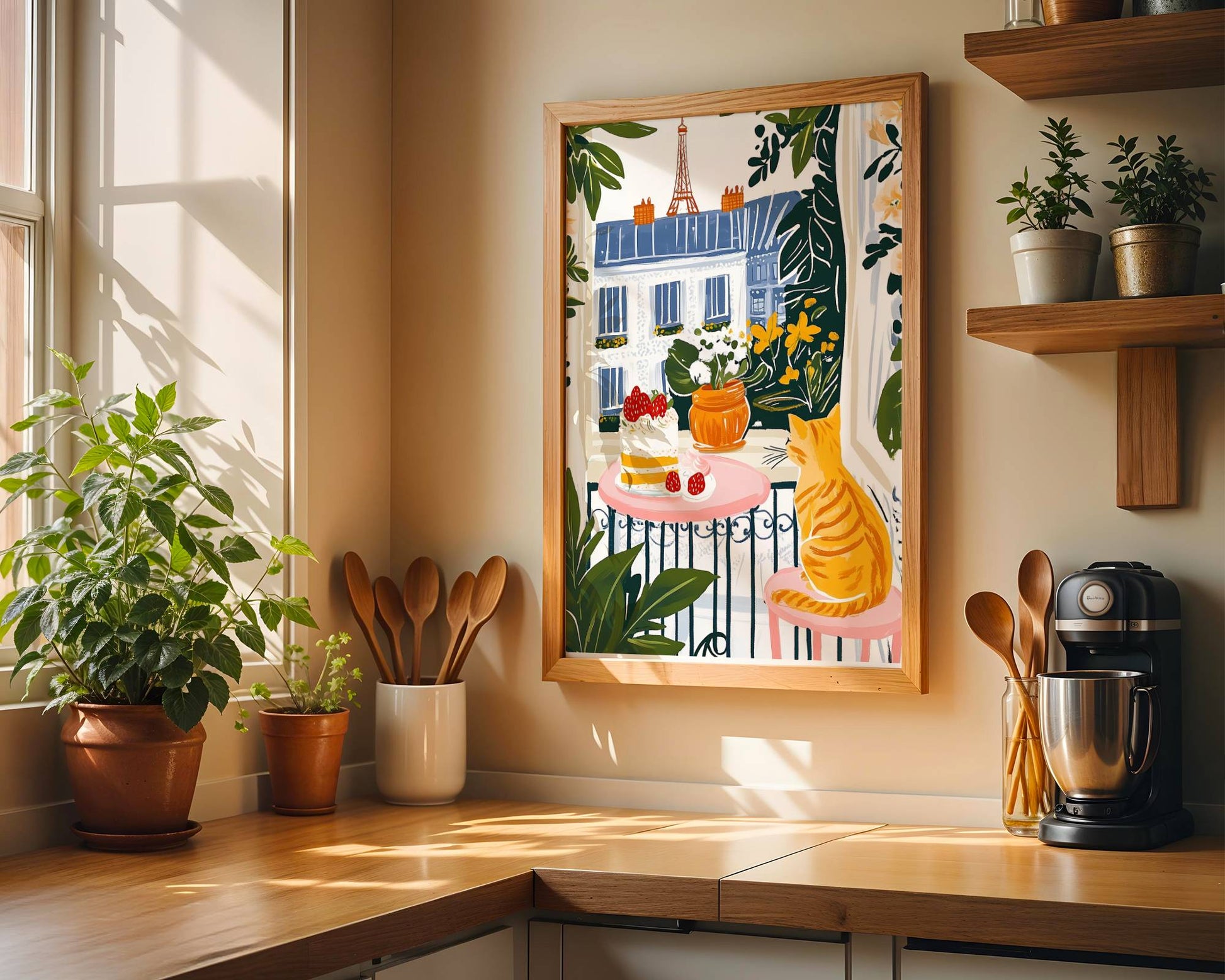 Affiche chat roux à Paris - Illustration chat balcon Tour Eiffel - idée cadeau amoureux des chats - illustration voyage France