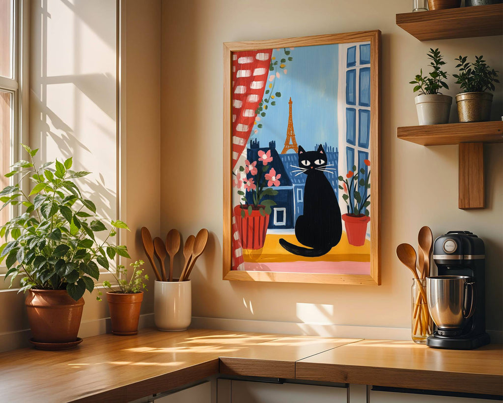 Affiche Chat noir à Paris - Illustration fenêtre Tour Eiffel -  Idée cadeau amoureux des chats