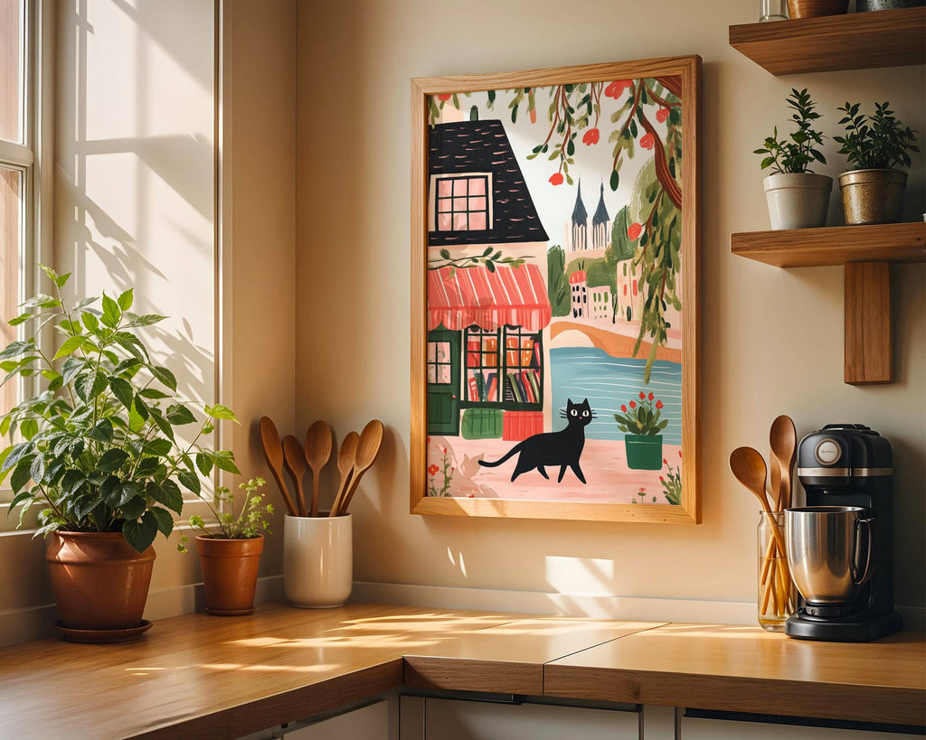 Affiche chat noir librairie Paris - Cadeau bibliophile et amoureux des Chats - Illustration naïve France