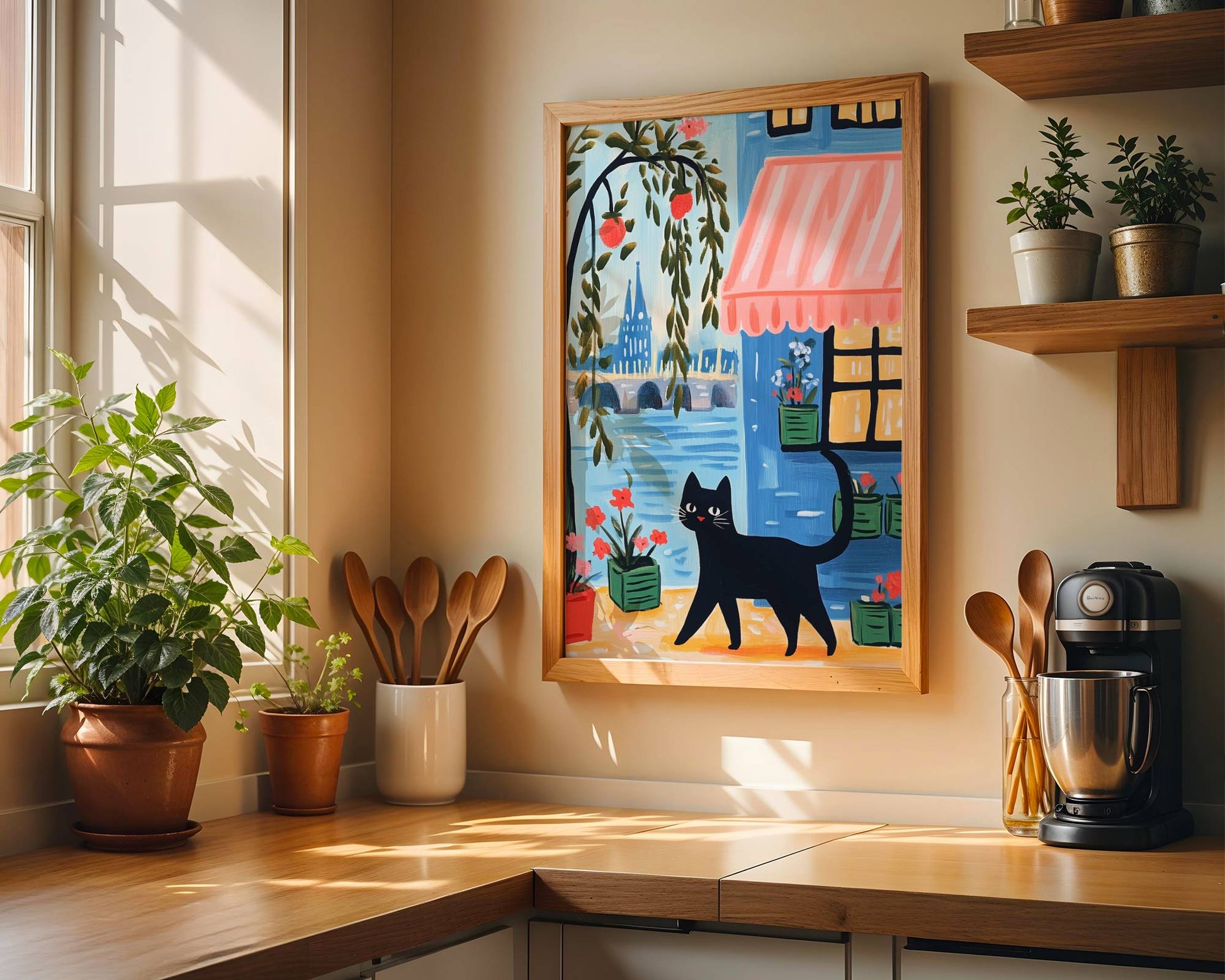 Illustration Chat noir à Paris - Idée cadeau amoureux des chats - Art Naïf fenêtre et fleurs