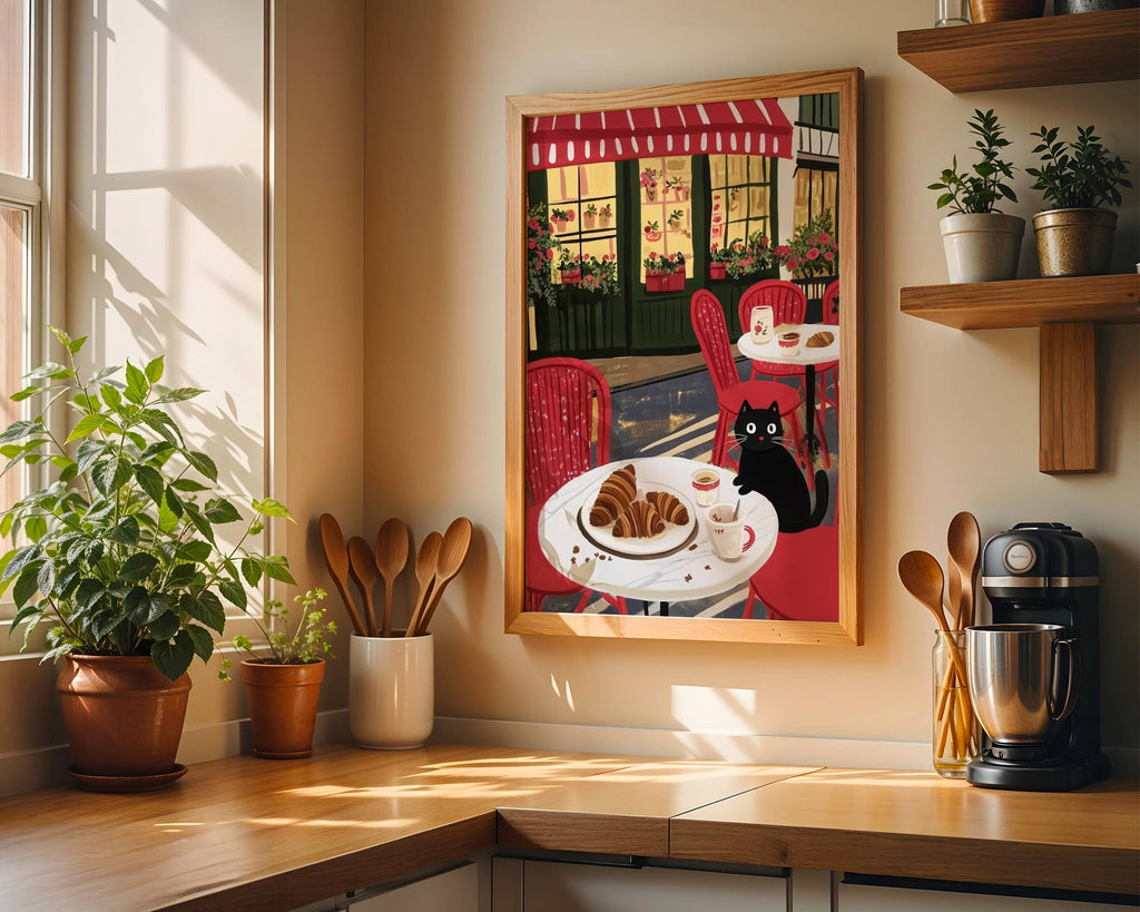Affiche Chat noir café Paris - Illustration terrasse Parisienne croissants - Idée cadeau Amoureux des Chats