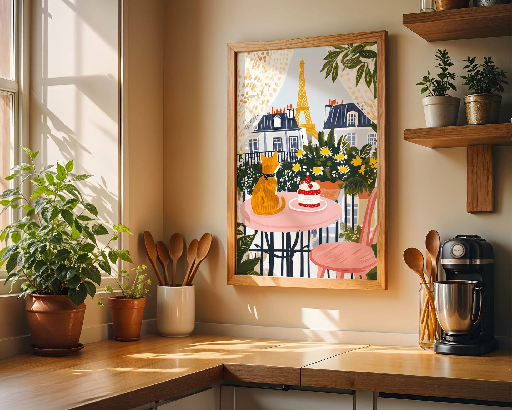 Illustration Chat roux à Paris - Illustration balcon Tour Eiffel - Idée cadeau amoureux des Chats