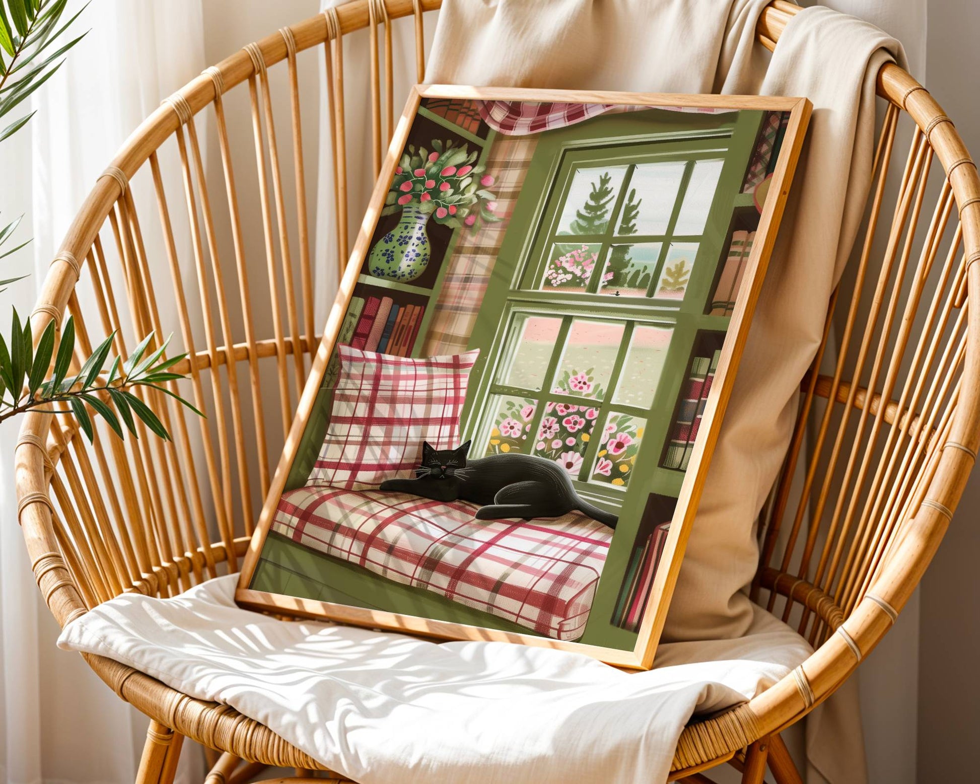 Illustration chat noir | affiche déco bibliothèque cosy | poster cottagecore chat sieste | cadeau amoureux des chats