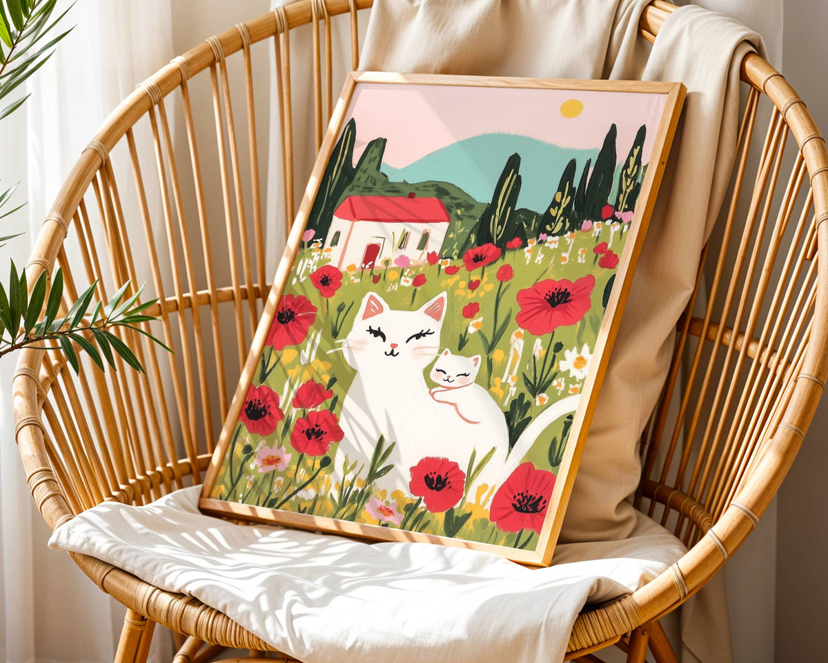 Illustration duo chats blancs prairie coquelicots – Chats câlins cottagecore – cadeau amoureux des chats