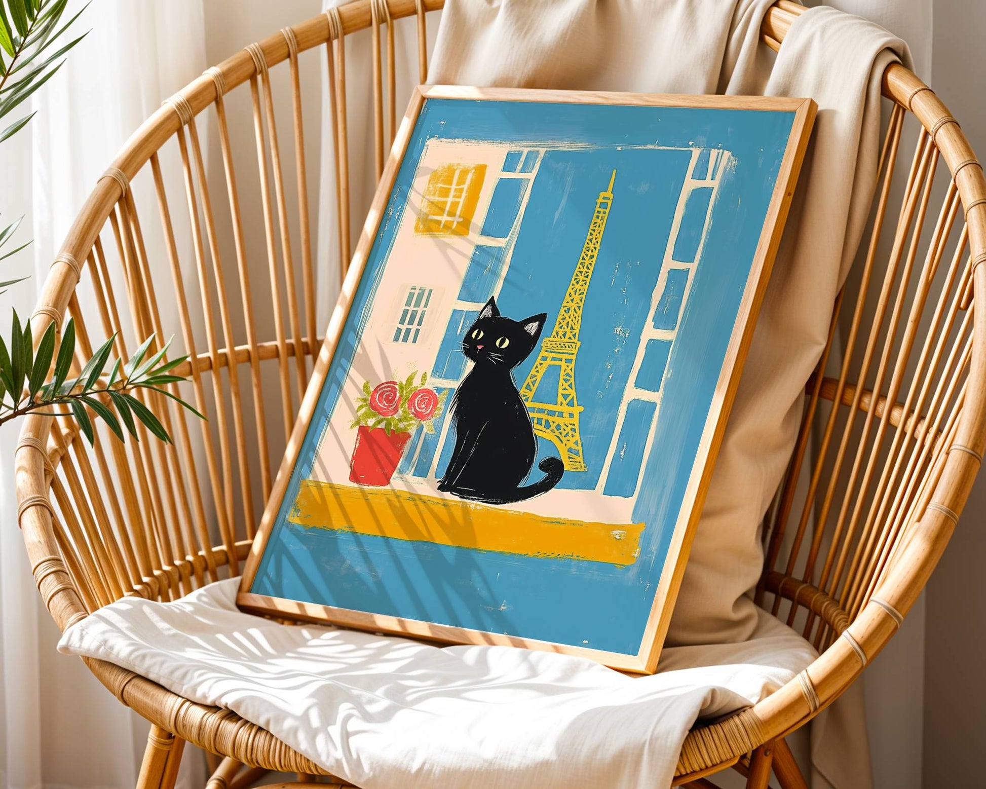 Illustration chat noir Paris – Chat noir Tour Eiffel – déco murale chaleureuse cottagecore, cadeau amoureux des chats