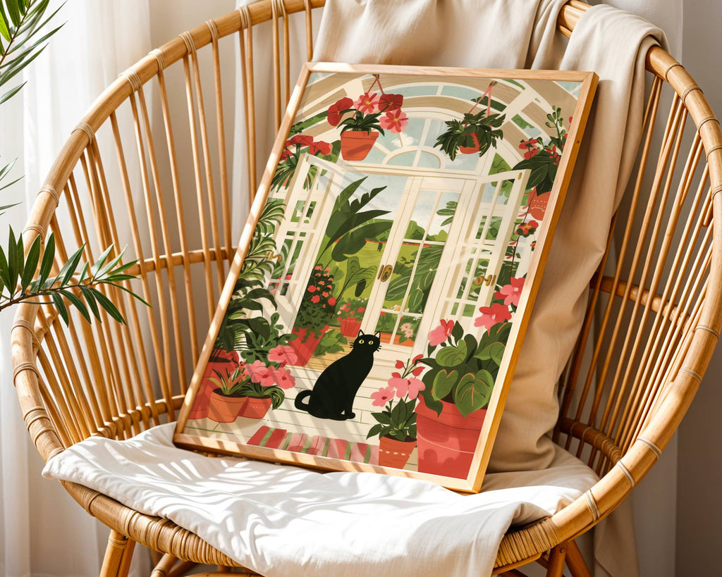 Illustration chat noir véranda | affiche jardin d'hiver plantes | cadeau amoureux des chats | déco lumineuse verrière