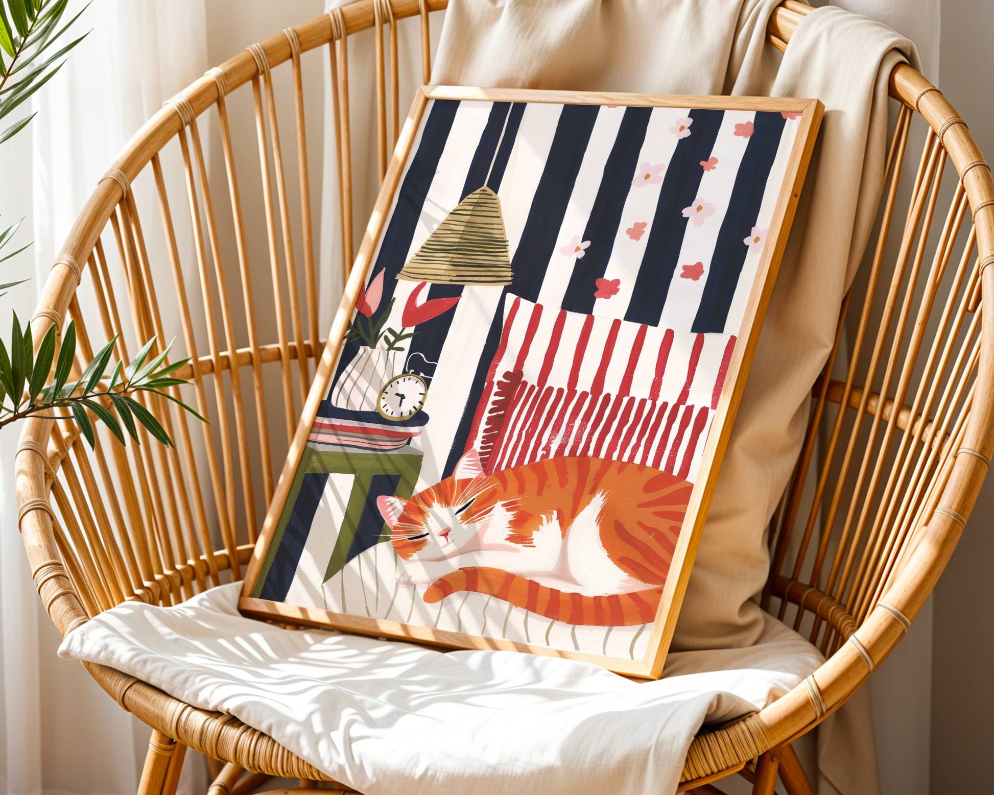 Illustration chat roux sieste | affiche chambre cosy rétro | cadeau amoureux des chats | décoration intérieure cottagecore