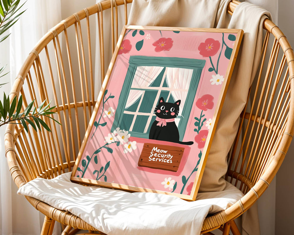 Illustration chat noir fenêtre cottage – Chat avec nœud rose et pancarte – déco murale chaleureuse, idée cadeau amoureux des chats