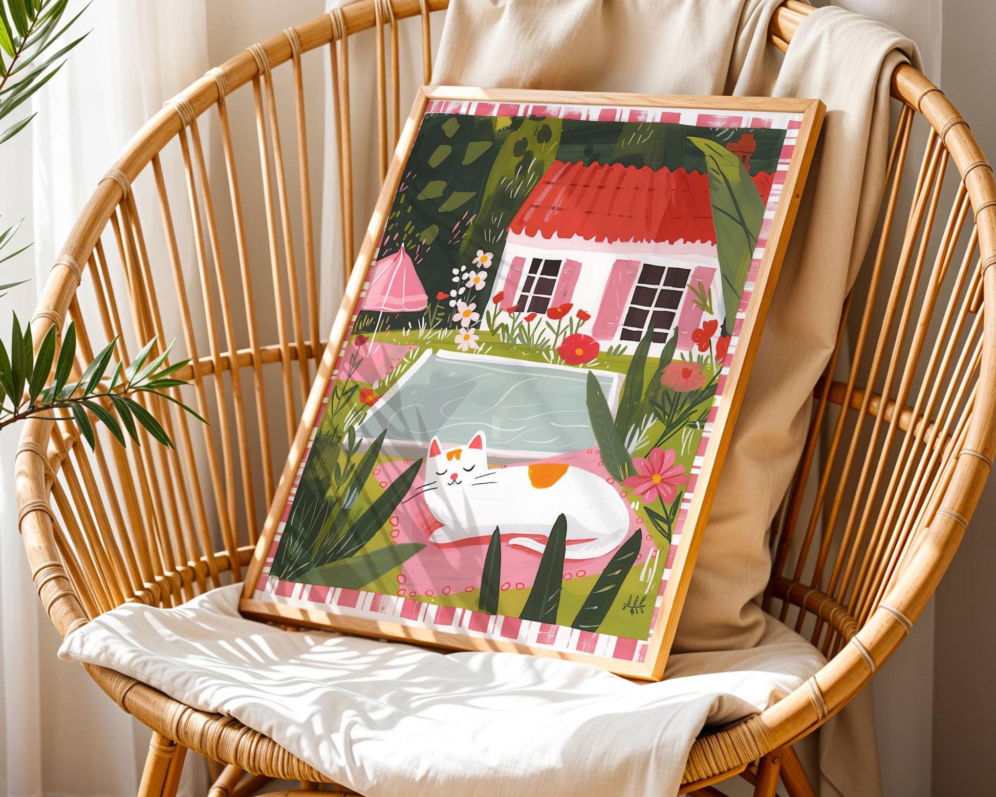 Illustration chat blanc piscine jardin – Chat endormi cottagecore – déco murale chaleureuse été, idée cadeau amoureux des chats blancs