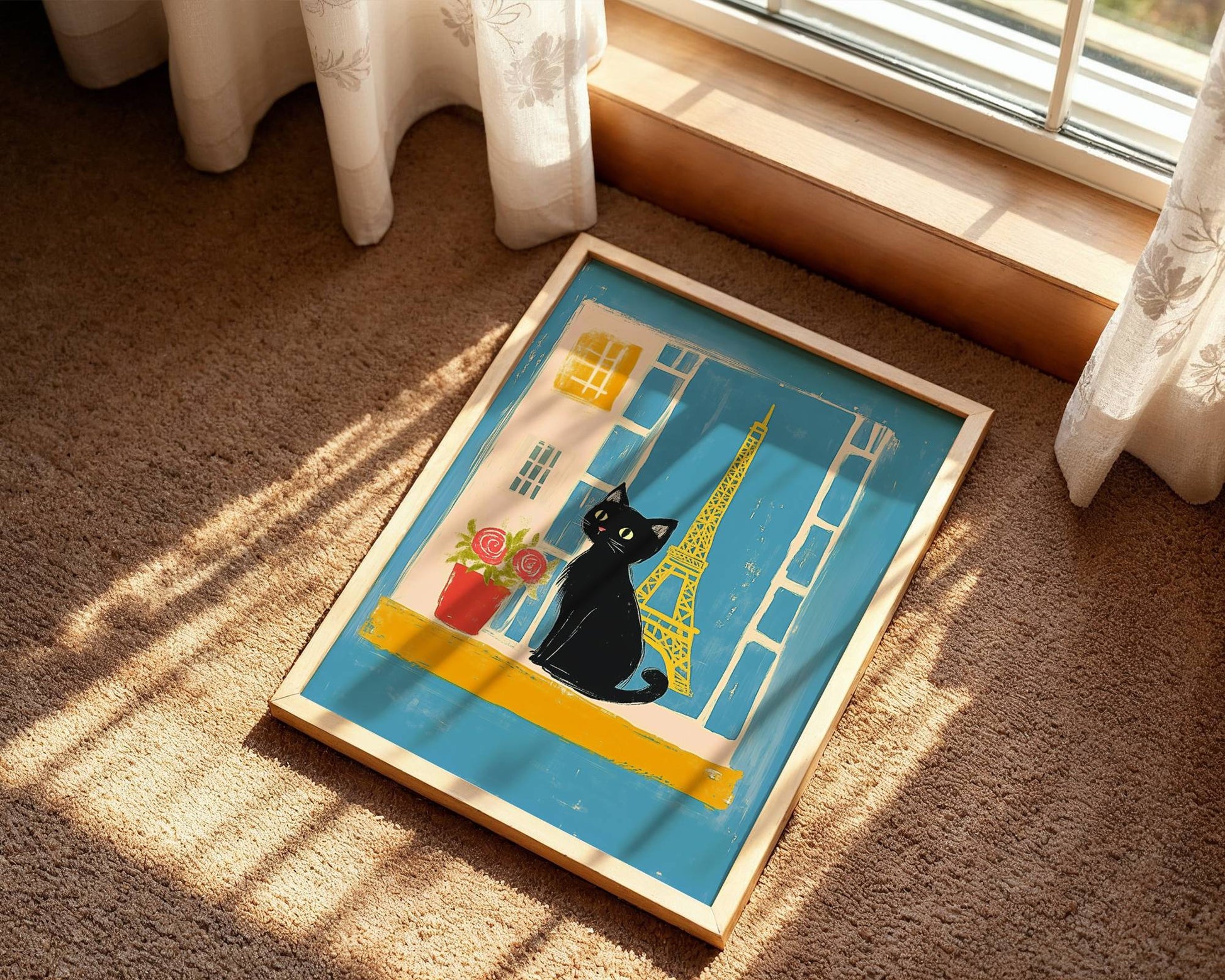 Illustration chat noir Paris – Chat noir Tour Eiffel – déco murale chaleureuse cottagecore, cadeau amoureux des chats