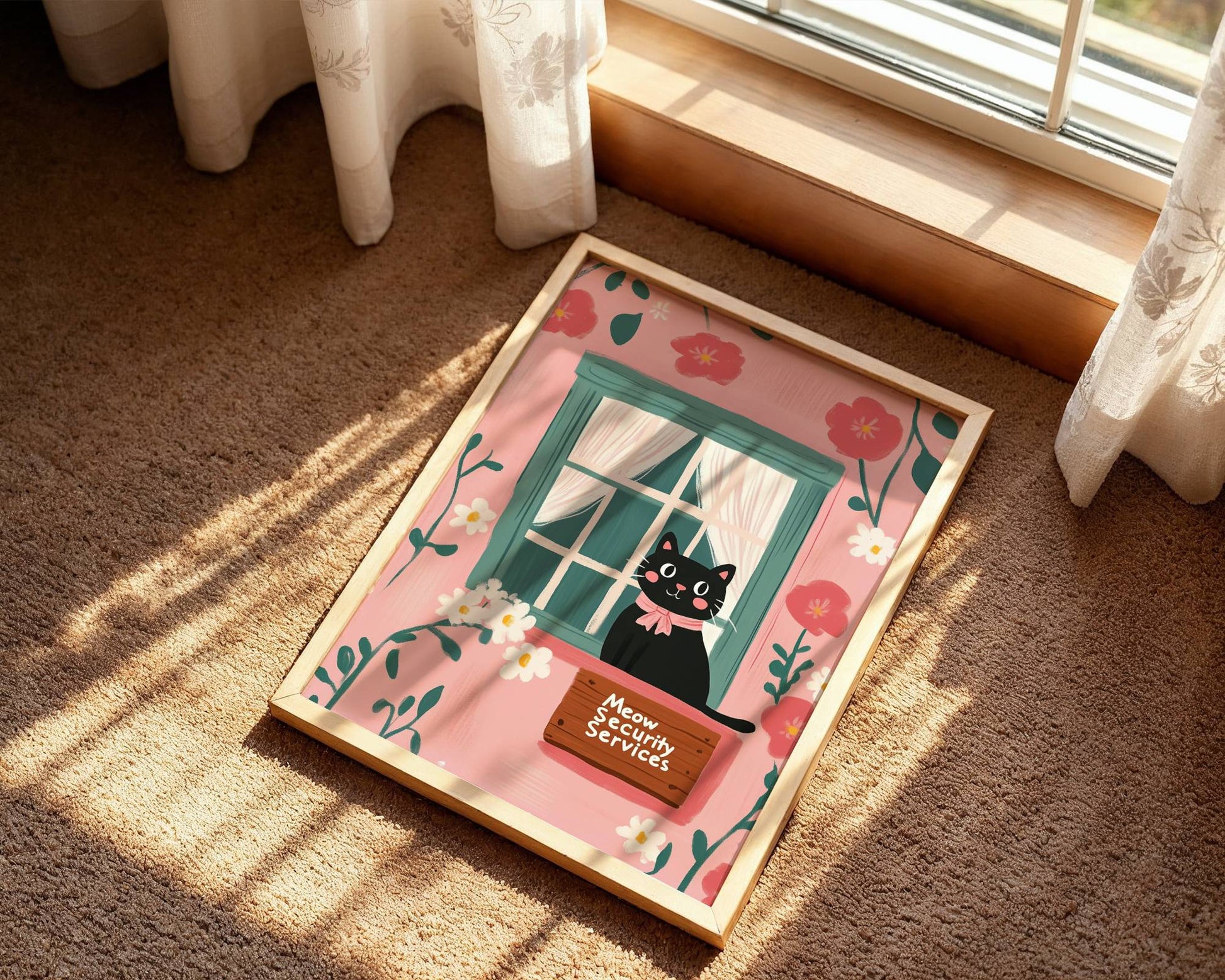 Illustration chat noir fenêtre cottage – Chat avec nœud rose et pancarte – déco murale chaleureuse, idée cadeau amoureux des chats
