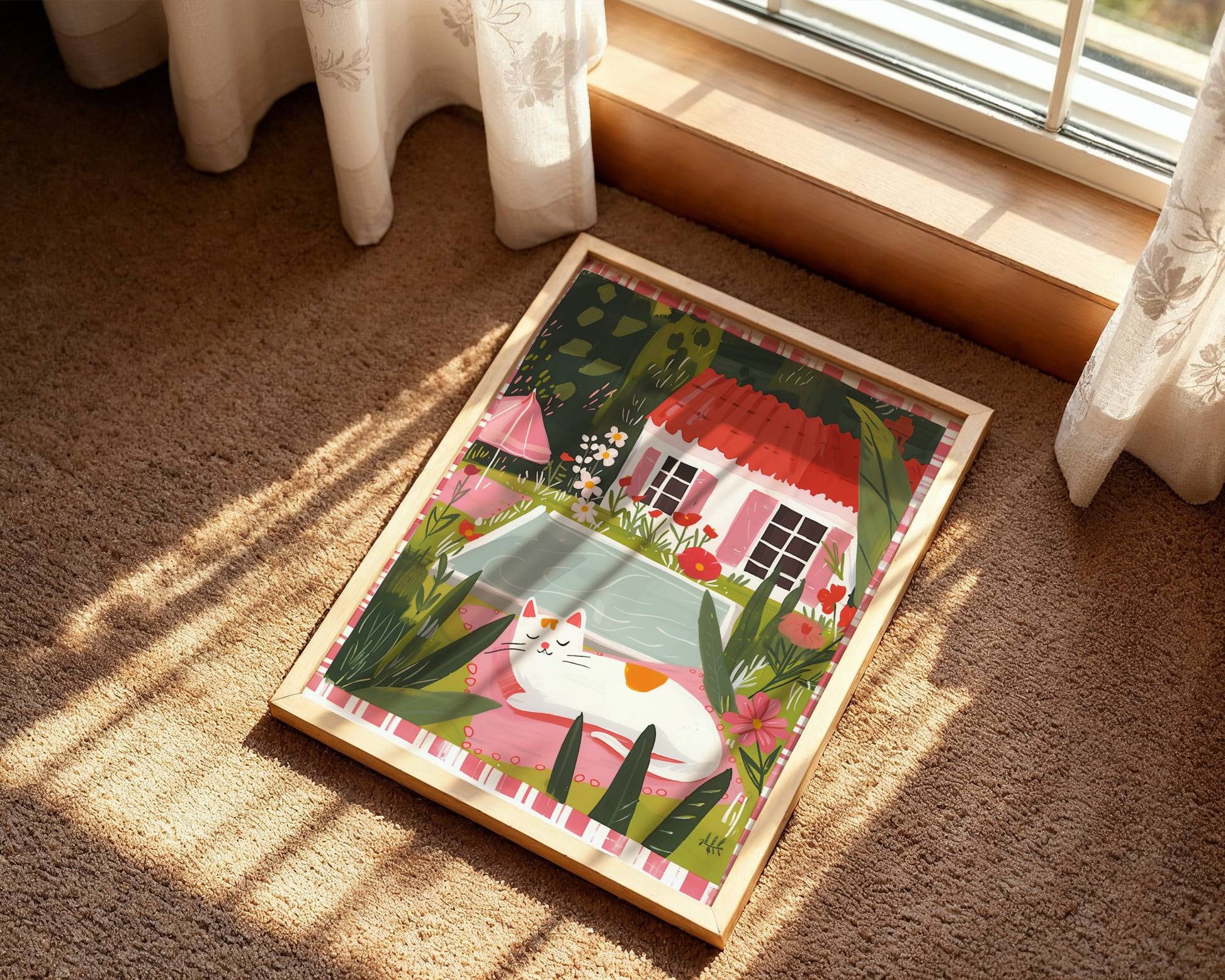 Illustration chat blanc piscine jardin – Chat endormi cottagecore – déco murale chaleureuse été, idée cadeau amoureux des chats blancs