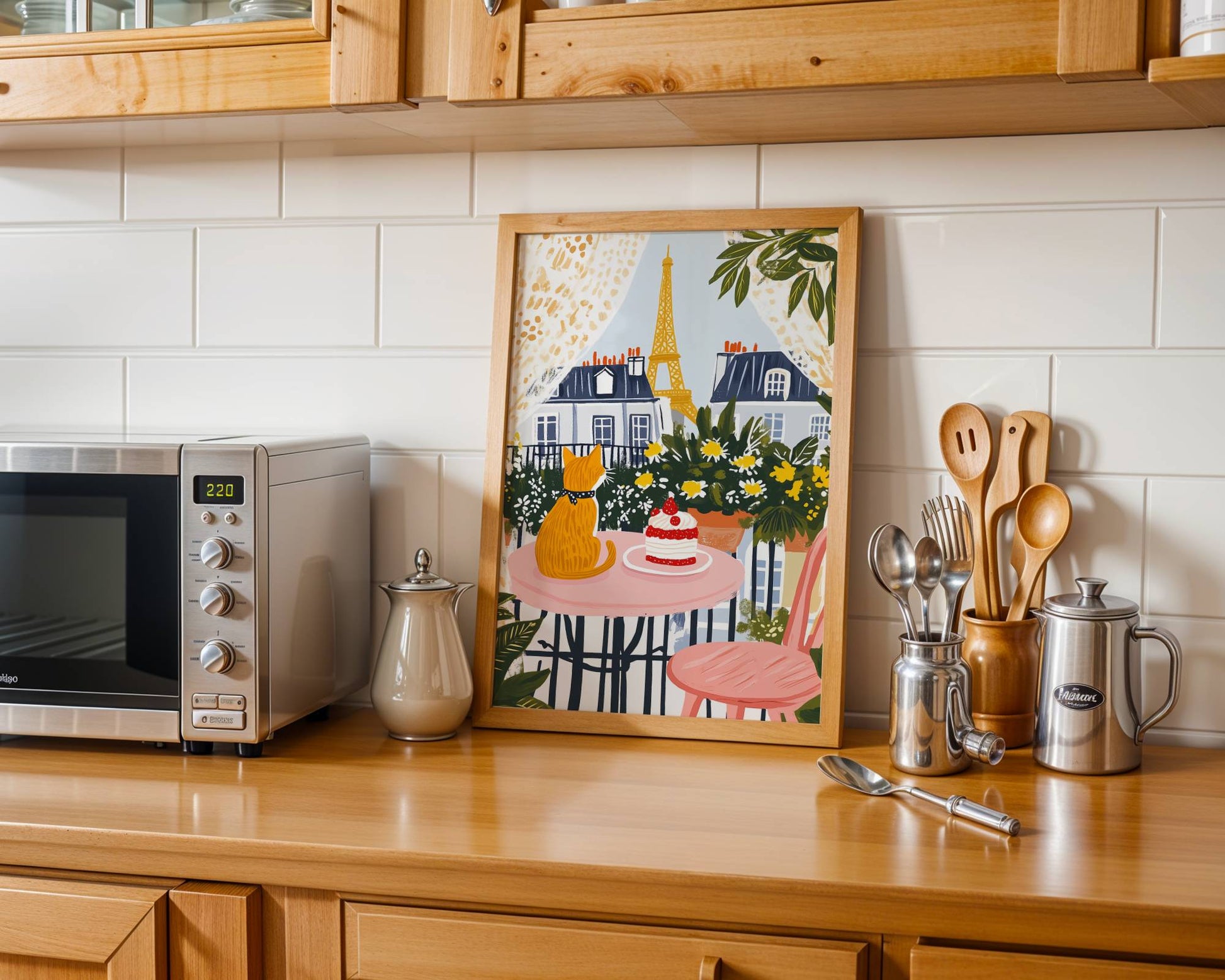 Illustration Chat roux à Paris - Illustration balcon Tour Eiffel - Idée cadeau amoureux des Chats