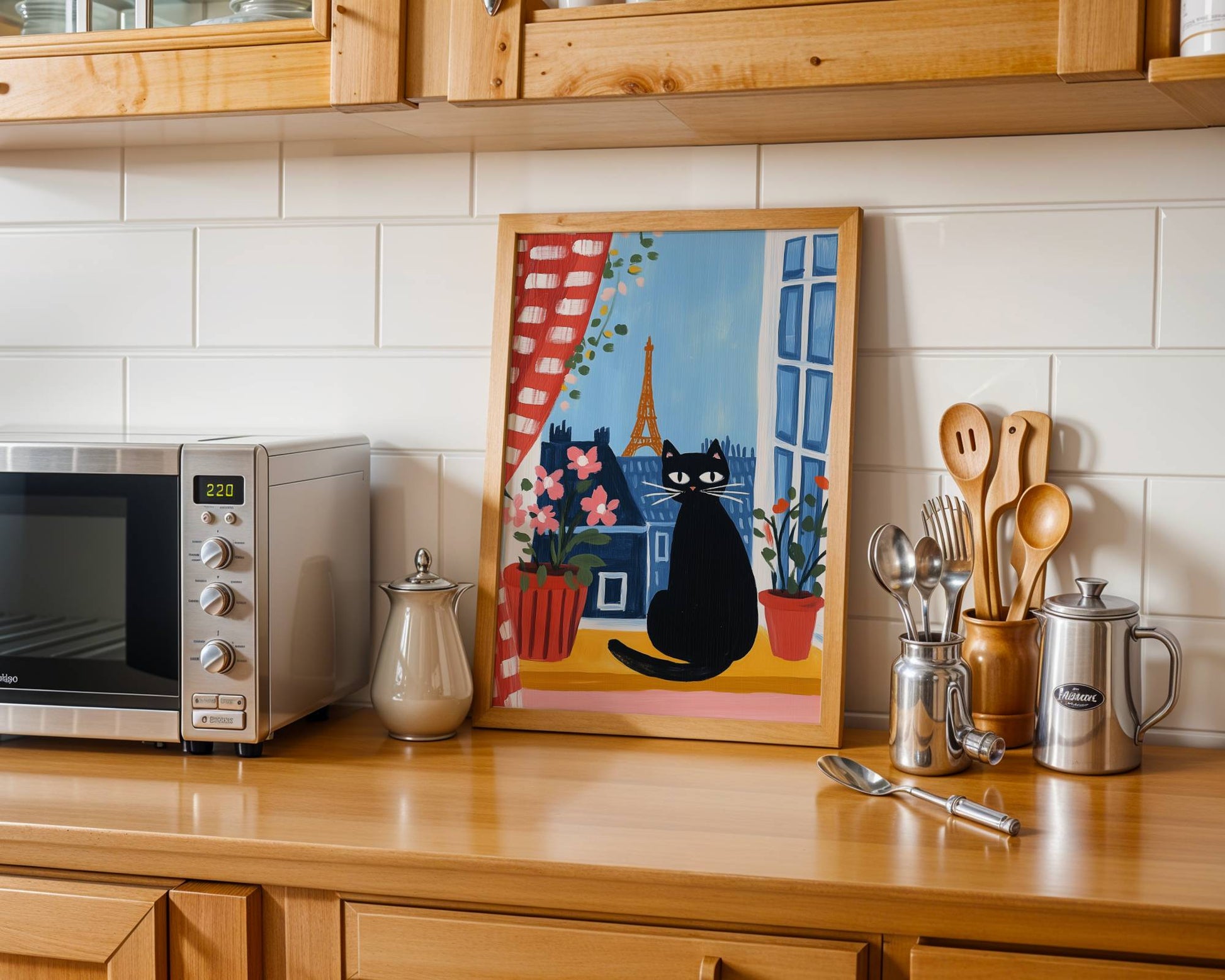 Affiche Chat noir à Paris - Illustration fenêtre Tour Eiffel -  Idée cadeau amoureux des chats